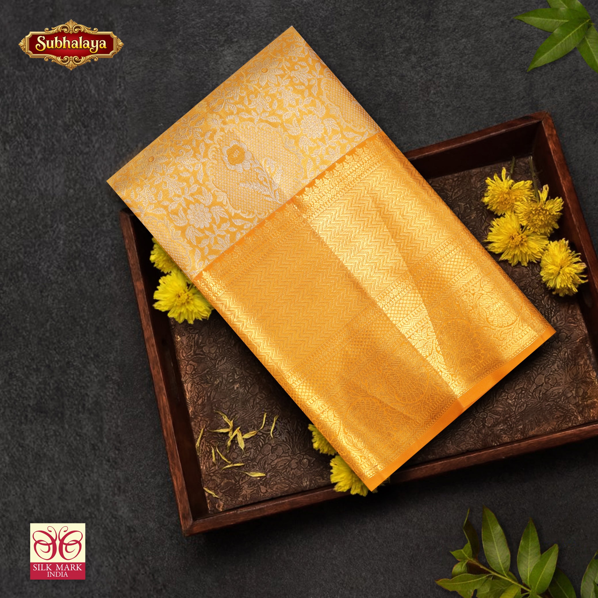 Mango Yellow With Gold Zari border  Kachipuram Tissue Wedding Silk Saree