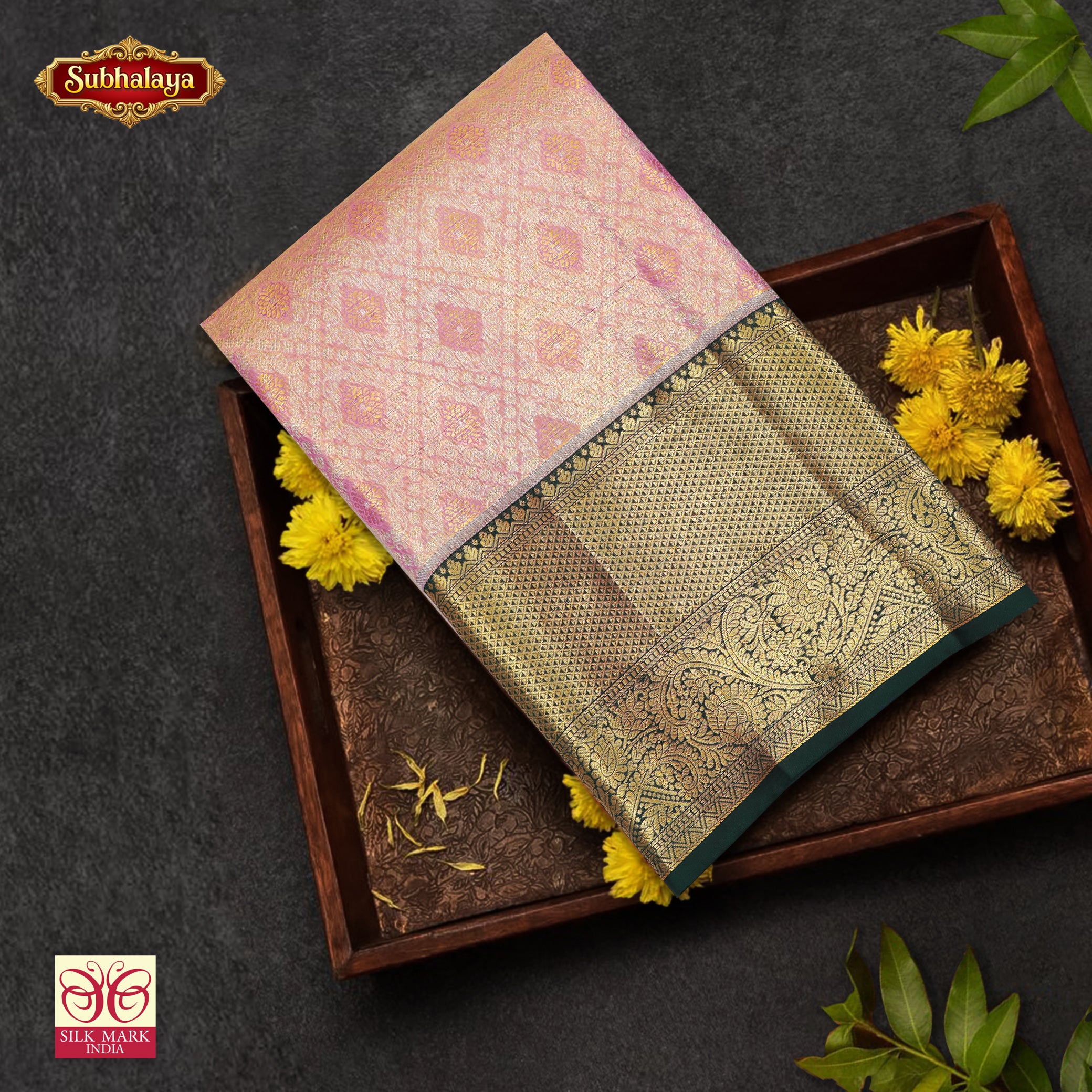 Light Pink With Bottle Green Gold Zari Tissue Wedding Silk Saree