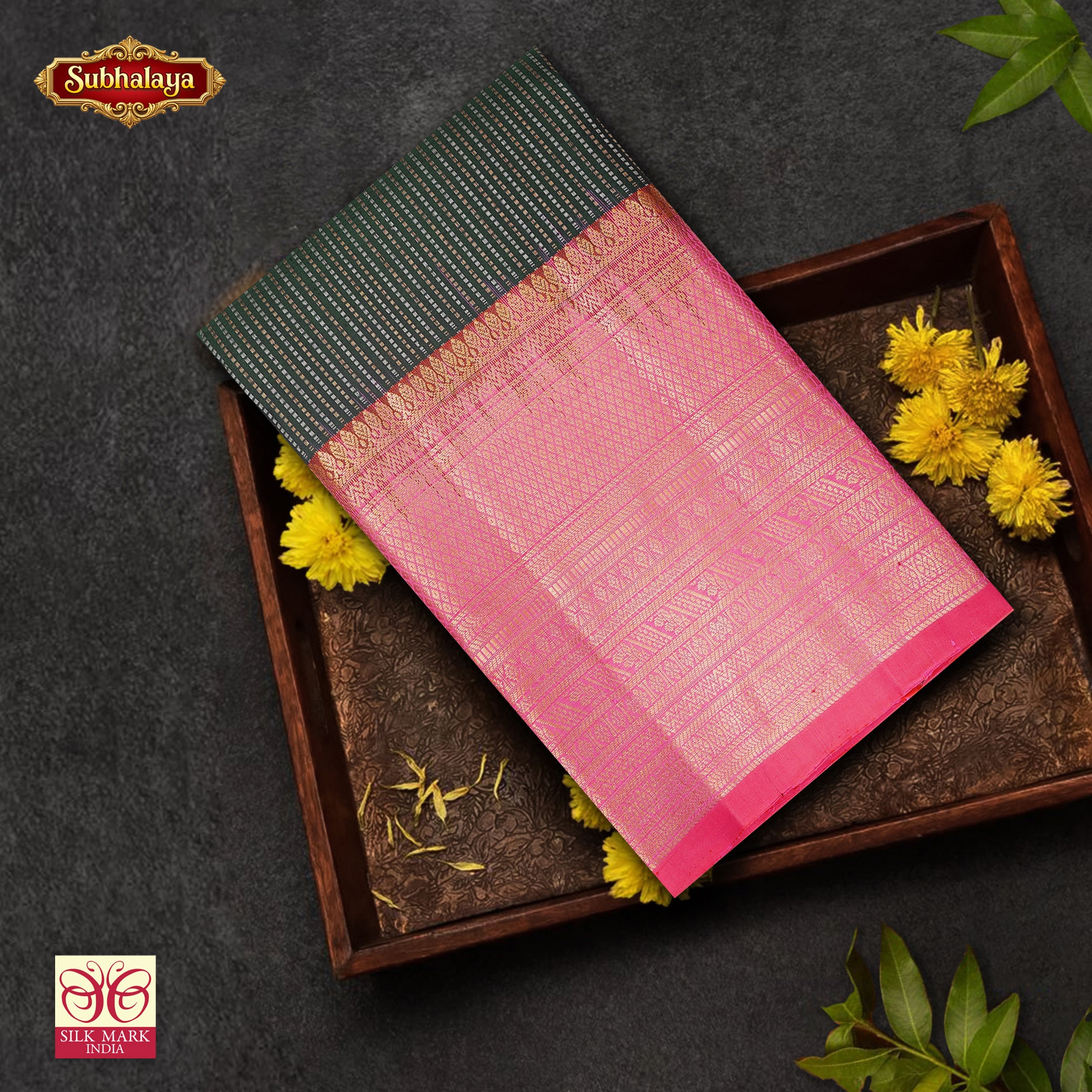 Bottle Green With Rani Pink Kanchipuram Pure Soft Silk Saree