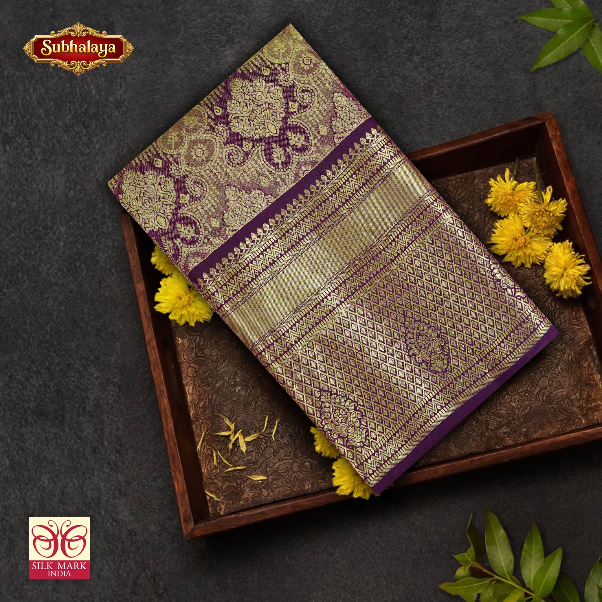 Dark Violet With Gold Zeri border Tissue KanchipuramWedding Silk Saree