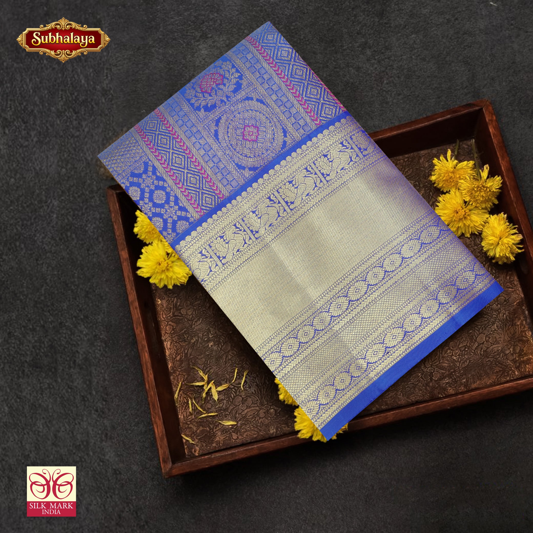 Ink Blue With Gold Zari border Subalaya Wedding Silk Saree