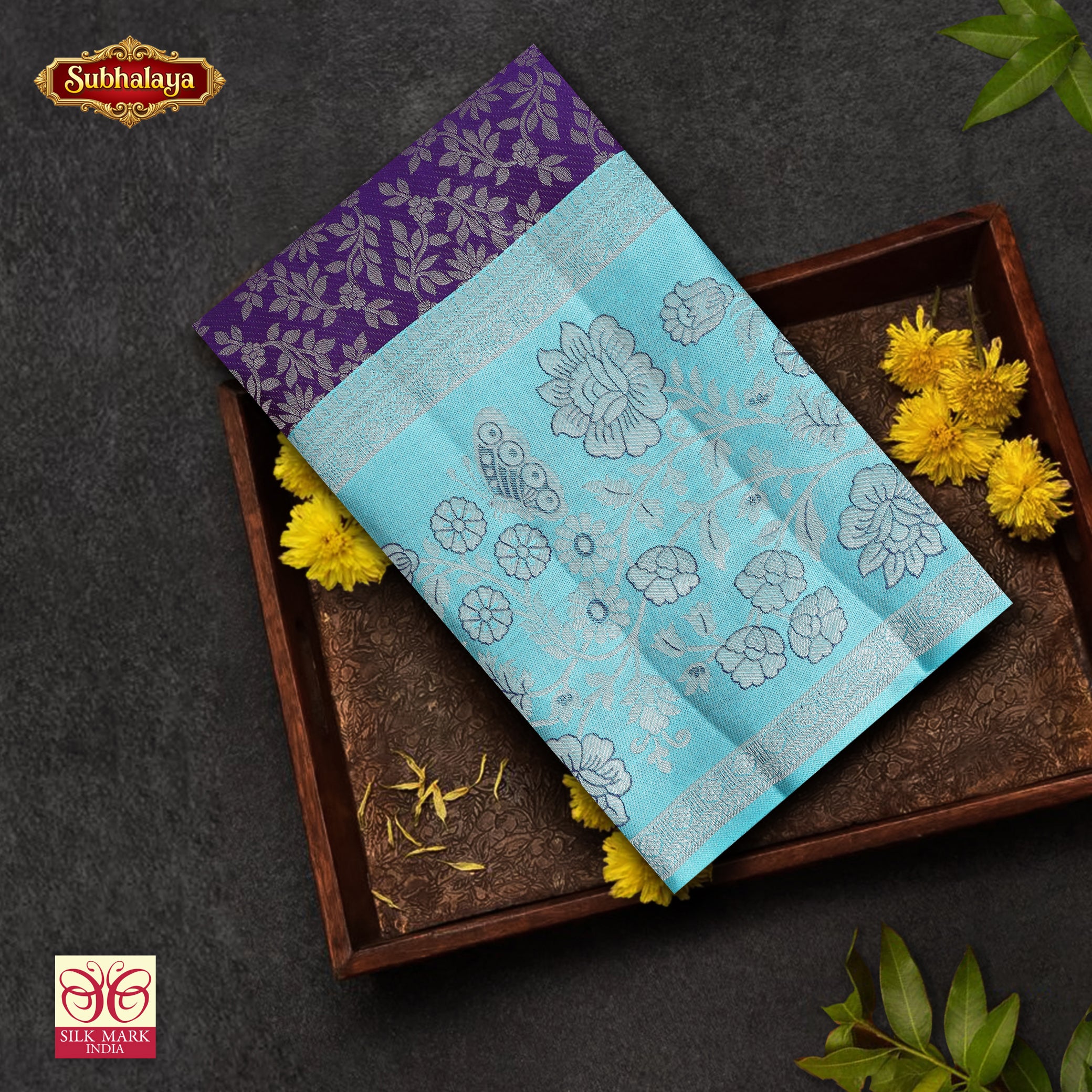 Purple With Light Blue Silver Zari border Tissue Kanchipuram Wedding Silk Saree