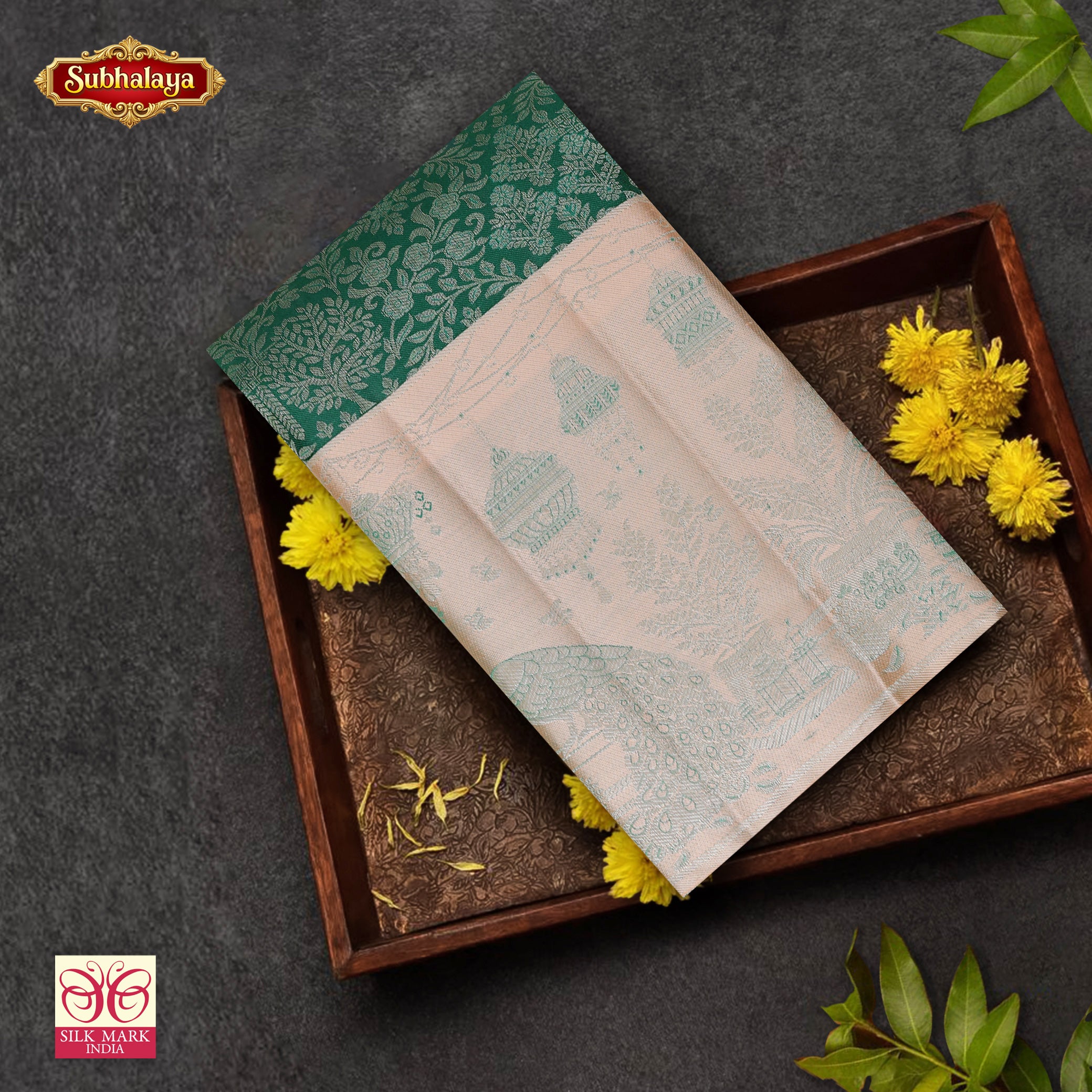 Bottle Green With Peach Gold Zari Long border Subhalaya Wedding Silk Saree