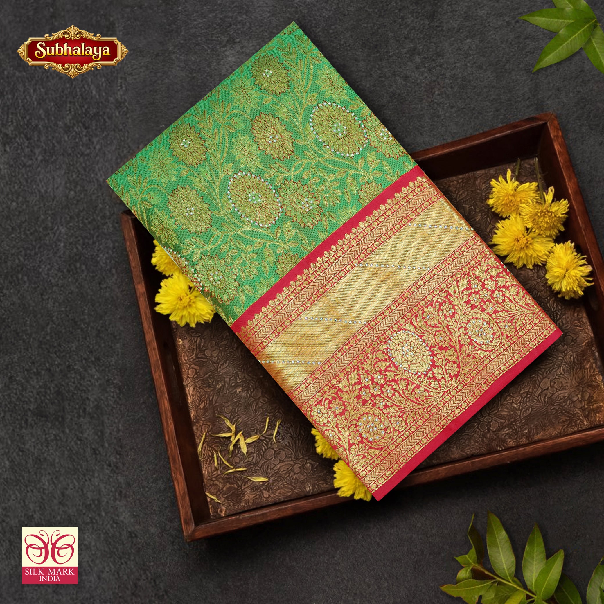 Parrot Green With Rani Pink Gold Zari border Subalaya Wedding Silk Saree