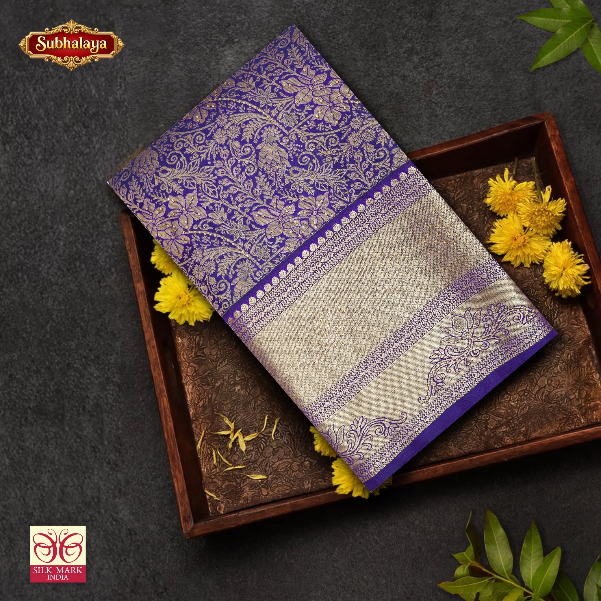 Ink Blue with Gold Zari Border Subalaya Wedding Silk Saree