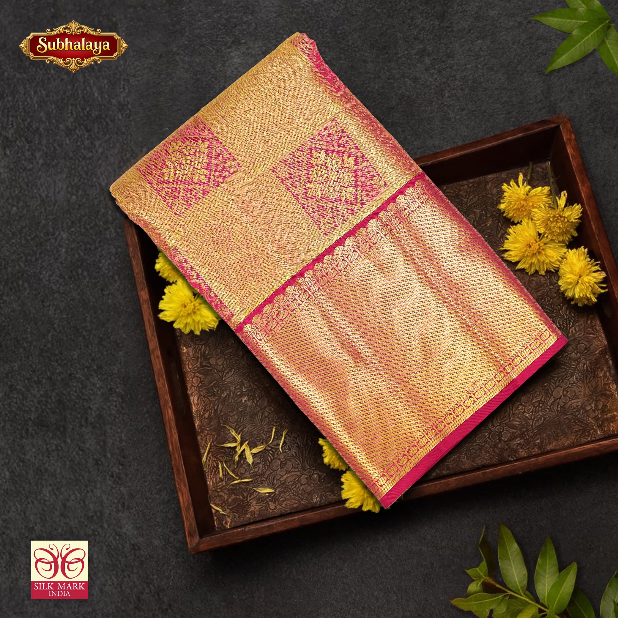 Golden ColorWith RedGold Zari border TissueWedding Silk Saree