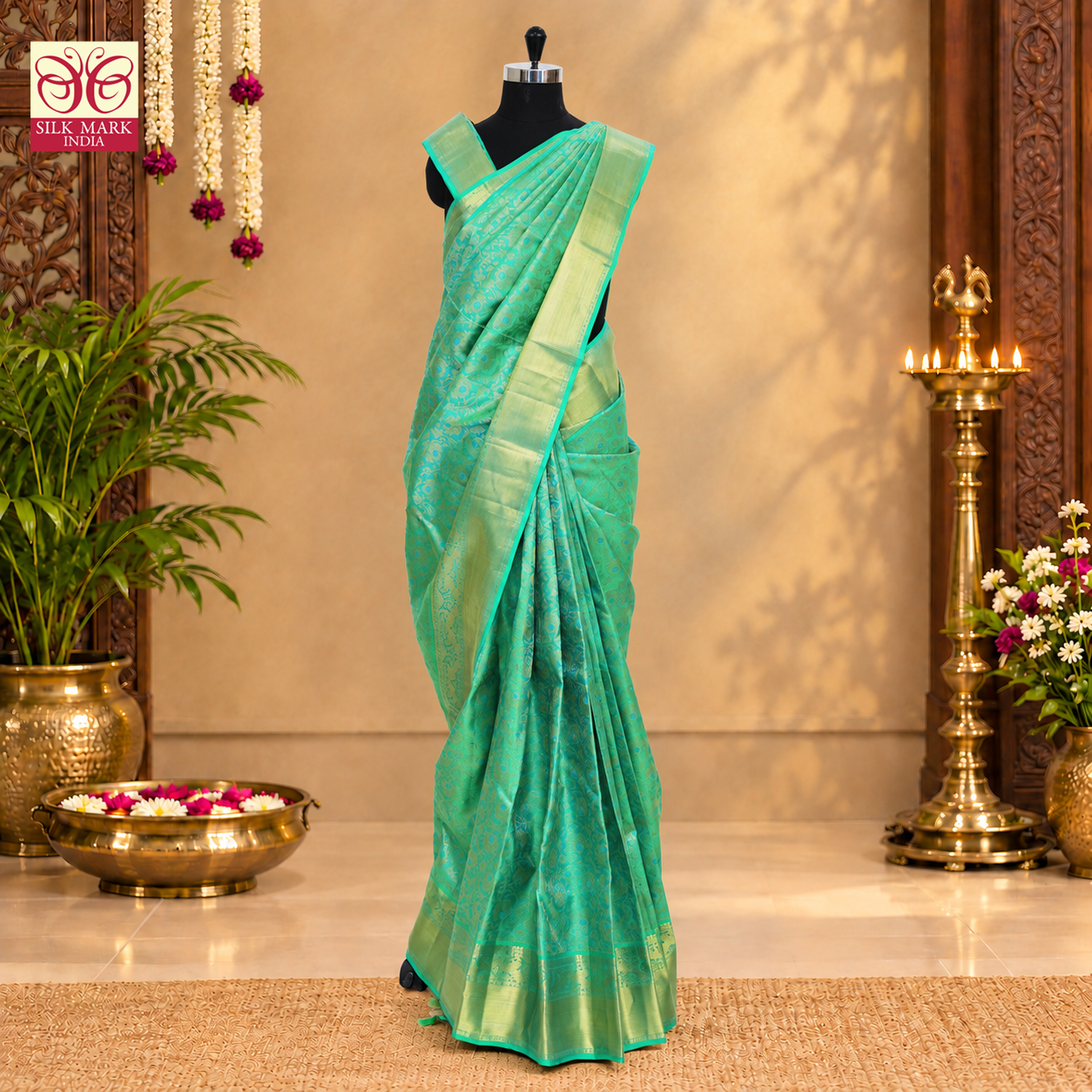 Sea Green With Gold Zari border Subhalaya Wedding Silk Saree