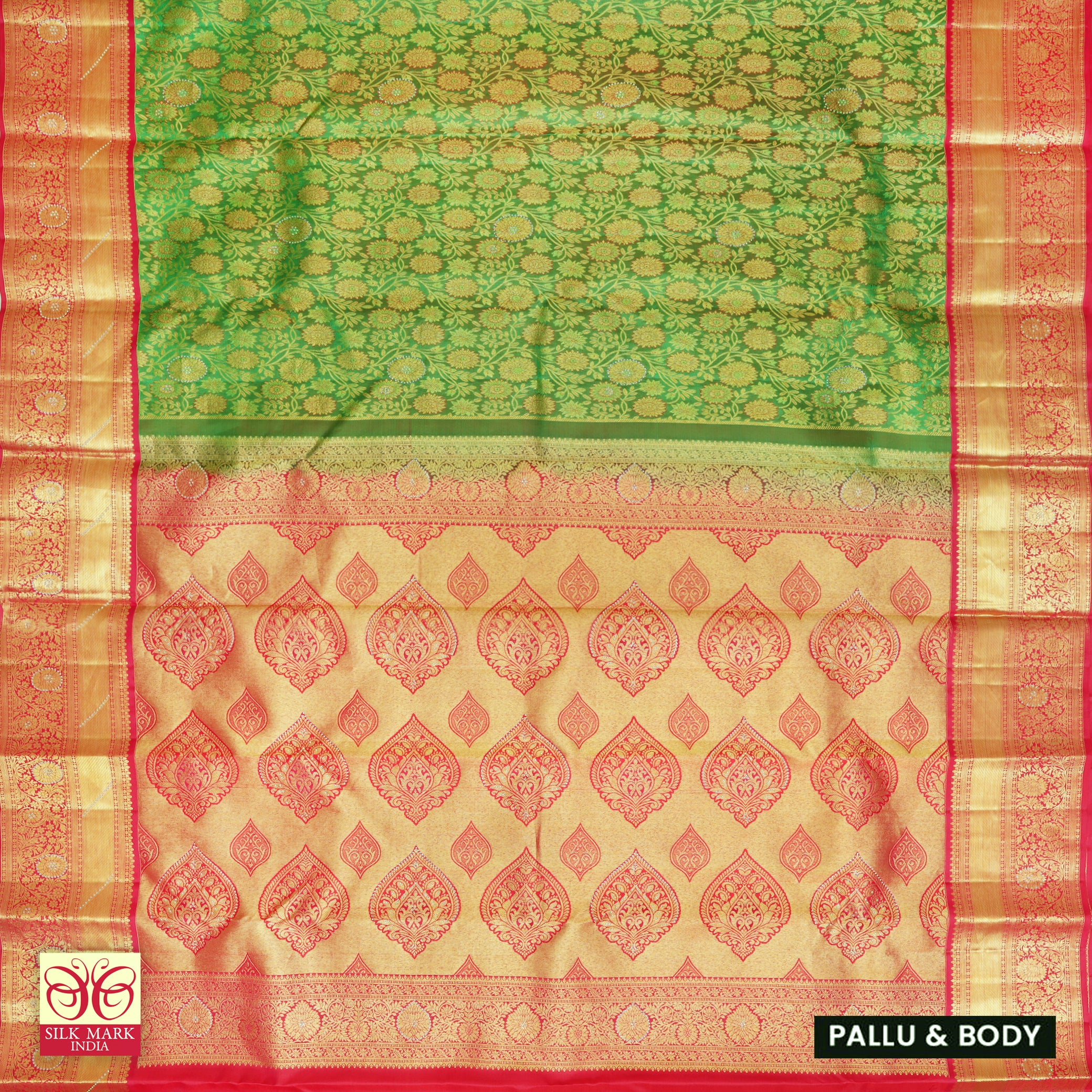 Parrot Green With Rani Pink Gold Zari border Subalaya Wedding Silk Saree
