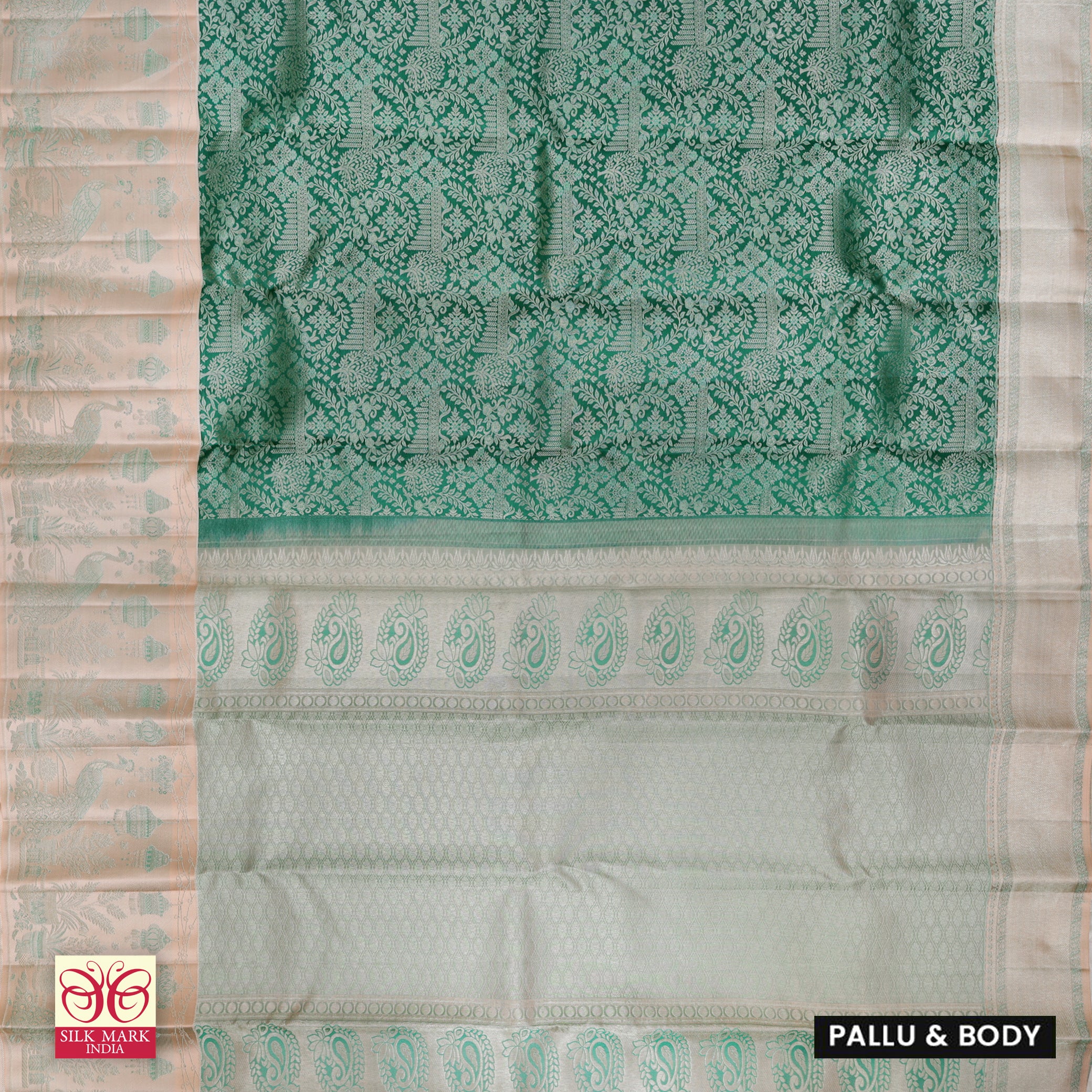 Bottle Green With Peach Gold Zari Long border Subhalaya Wedding Silk Saree
