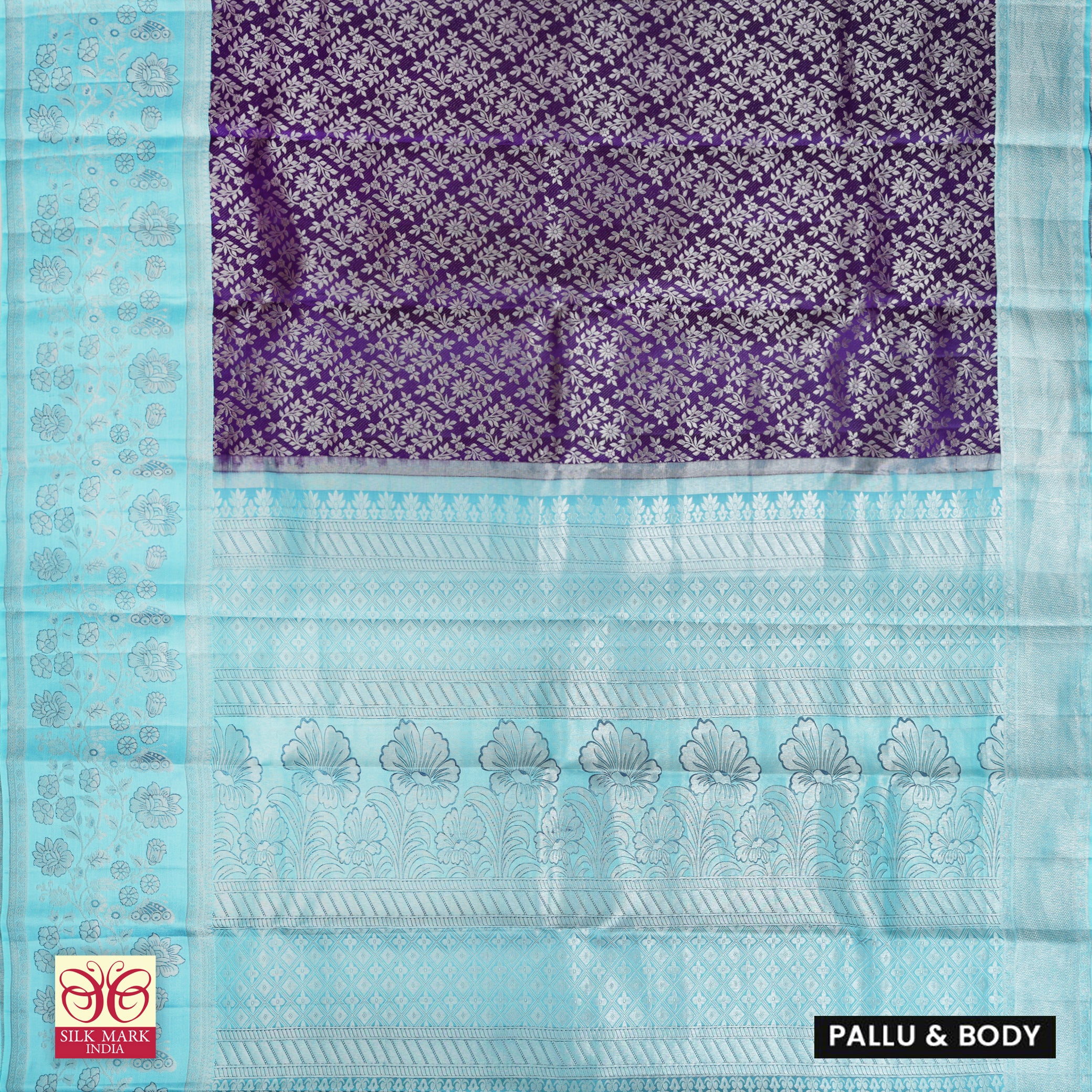 Purple With Light Blue Silver Zari border Tissue Kanchipuram Wedding Silk Saree