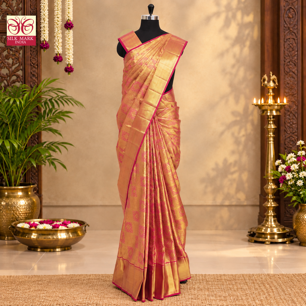 Golden ColorWith RedGold Zari border TissueWedding Silk Saree