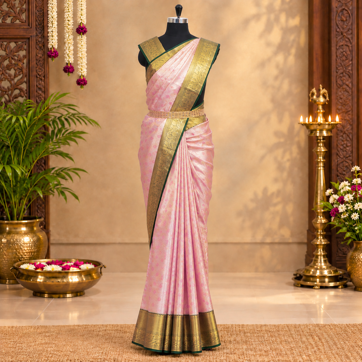 Light Pink With Bottle Green Gold Zari Tissue Wedding Silk Saree