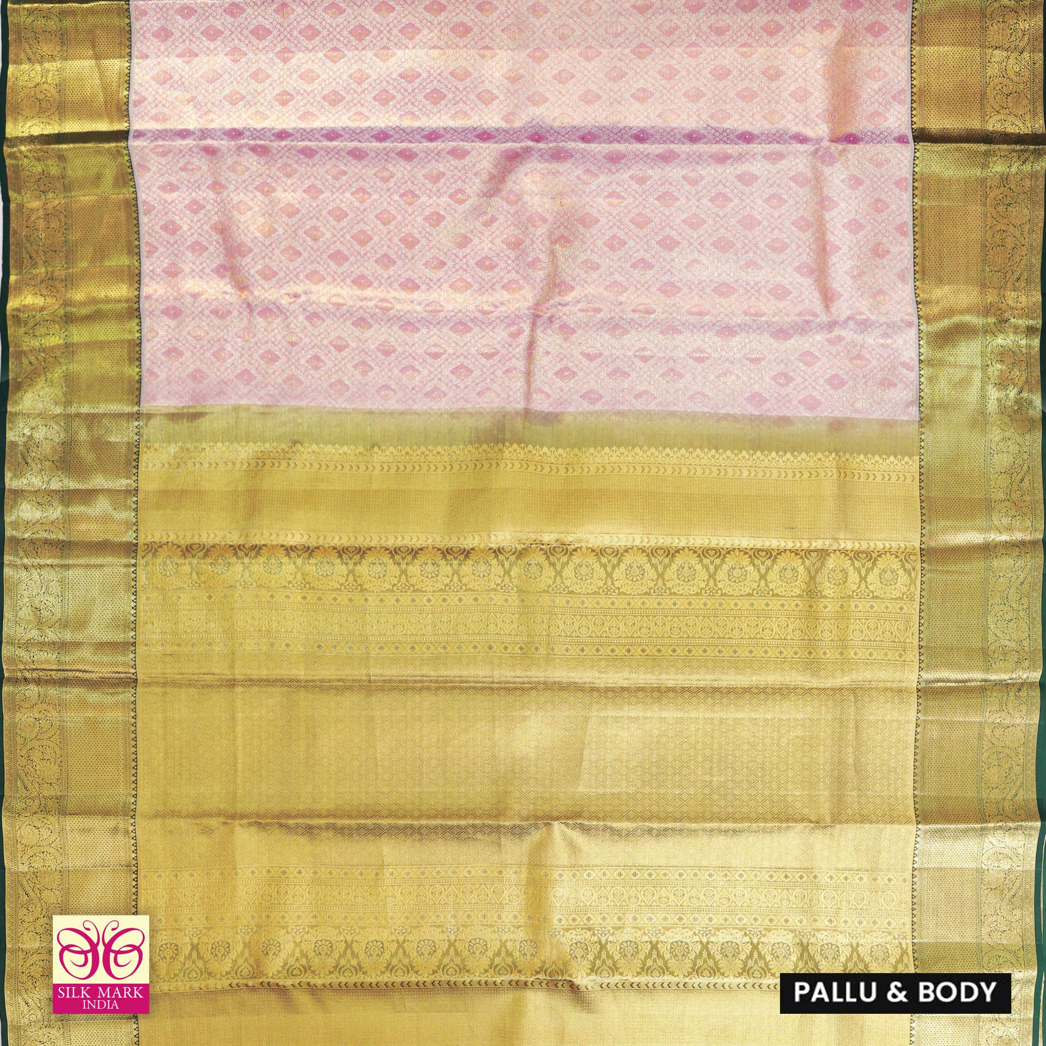 Light Pink With Bottle Green Gold Zari Tissue Wedding Silk Saree