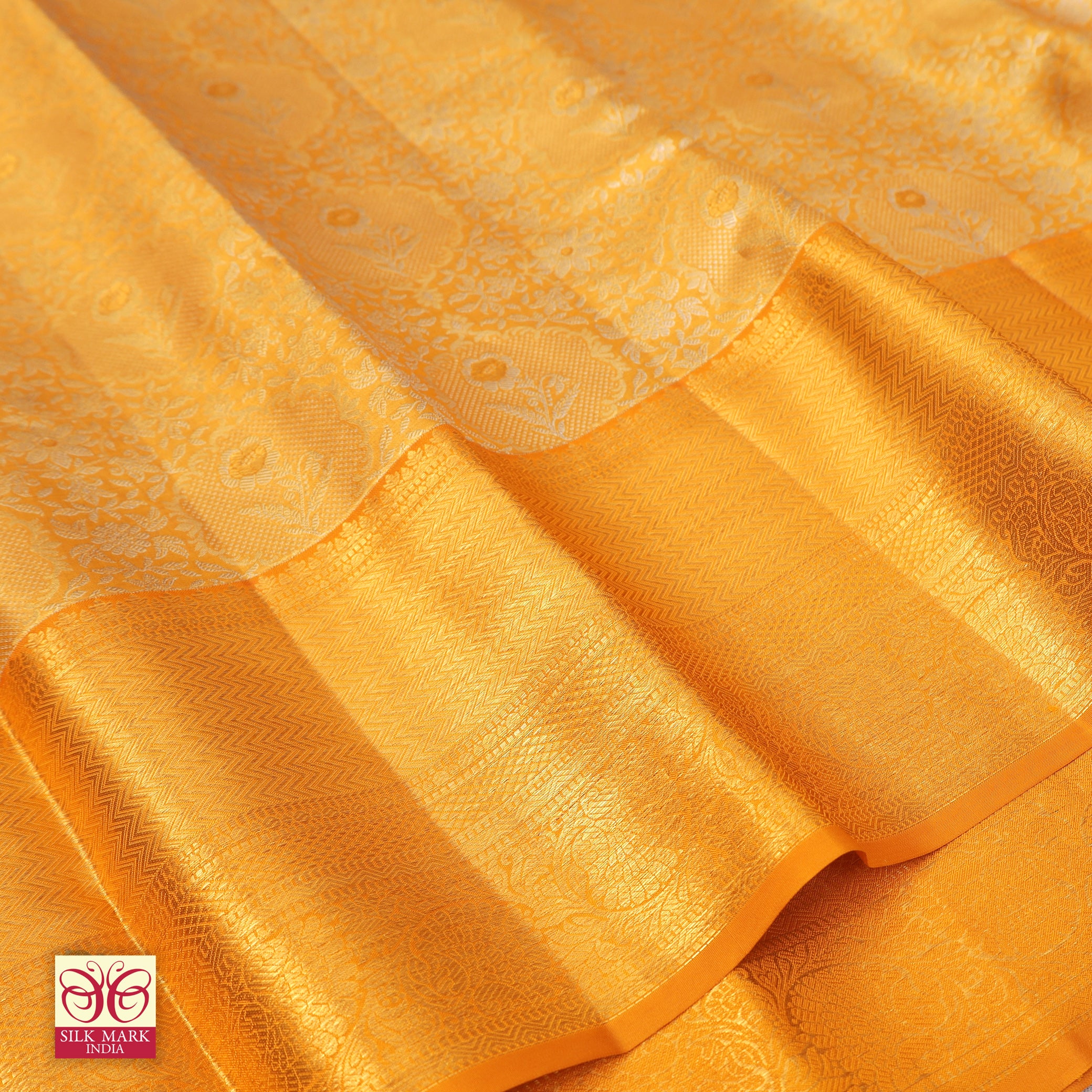 Mango Yellow With Gold Zari border  Kachipuram Tissue Wedding Silk Saree
