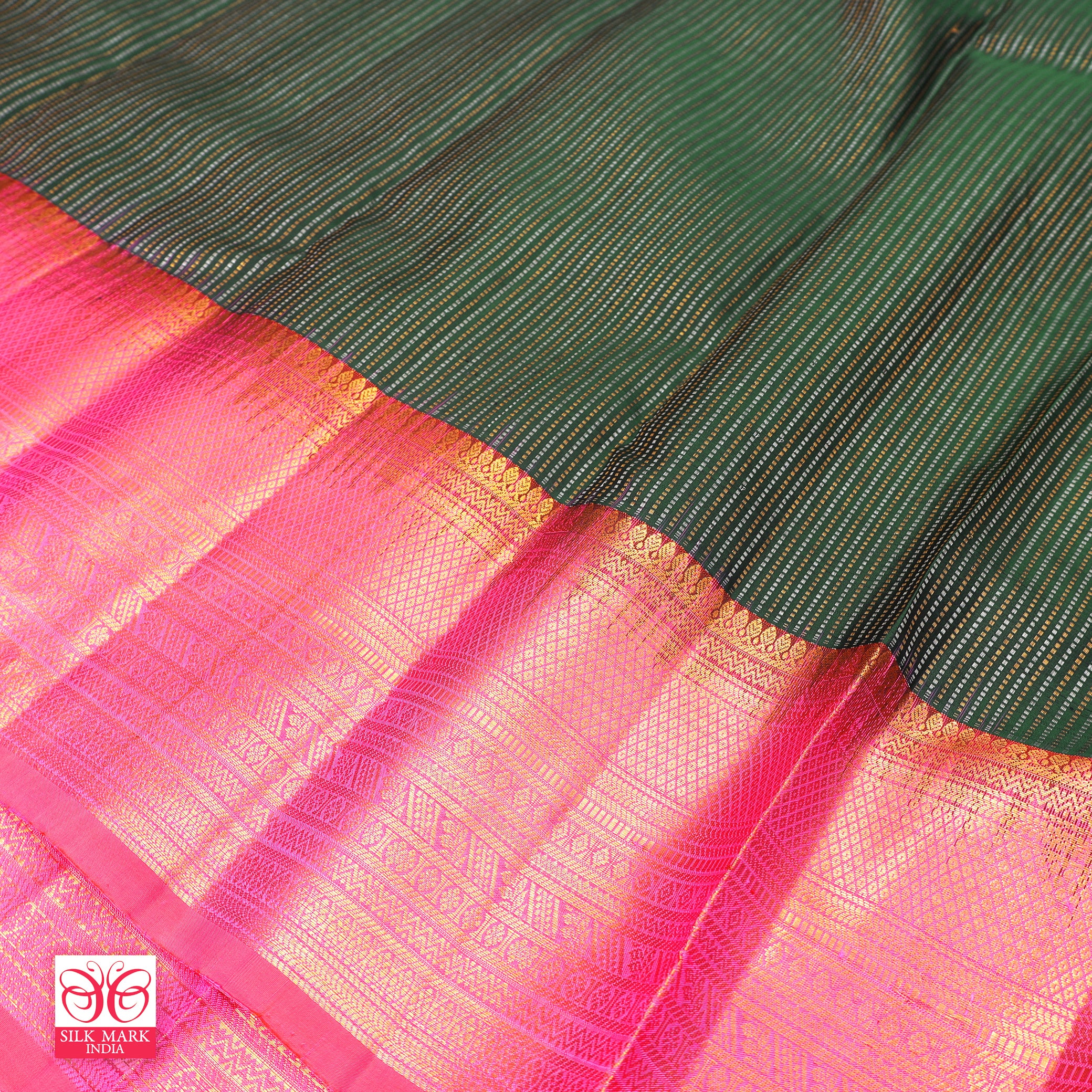 Bottle Green With Rani Pink Kanchipuram Pure Soft Silk Saree