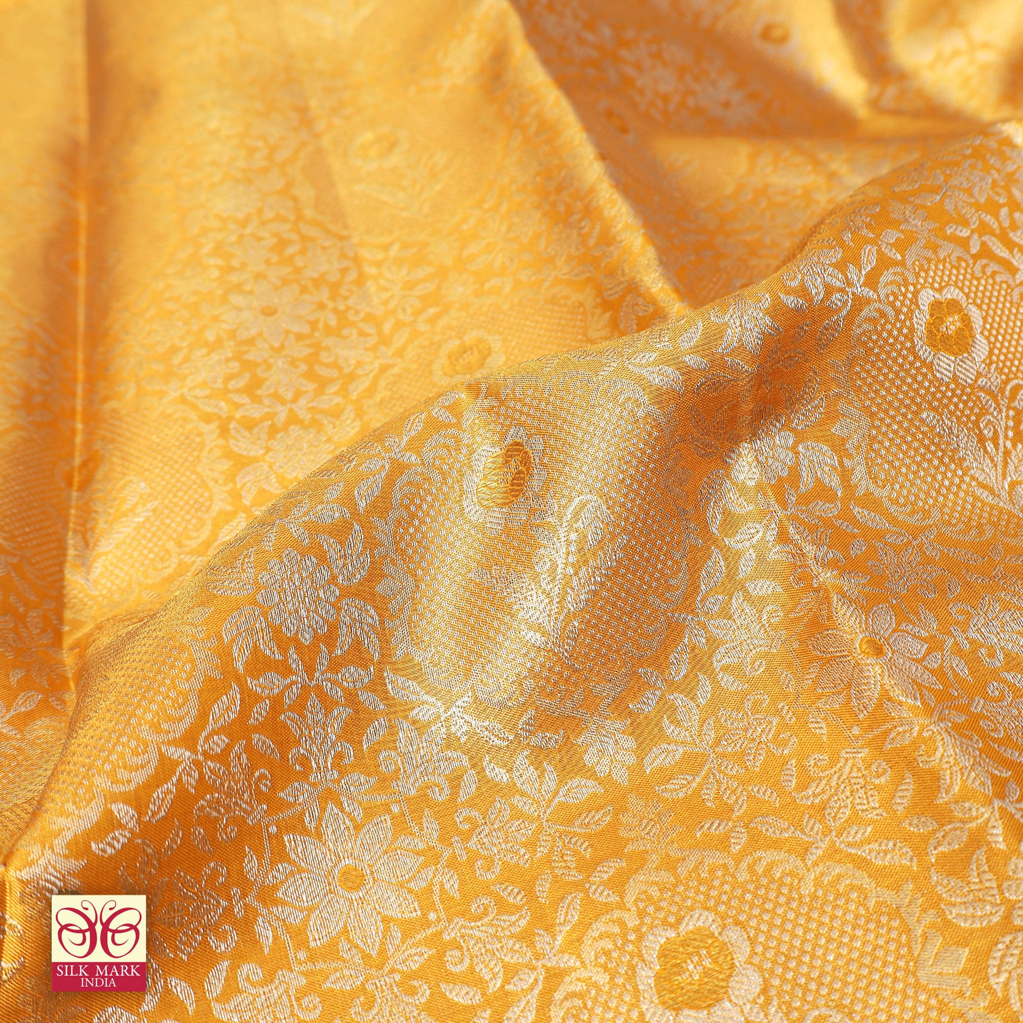 Mango Yellow With Gold Zari border  Kachipuram Tissue Wedding Silk Saree