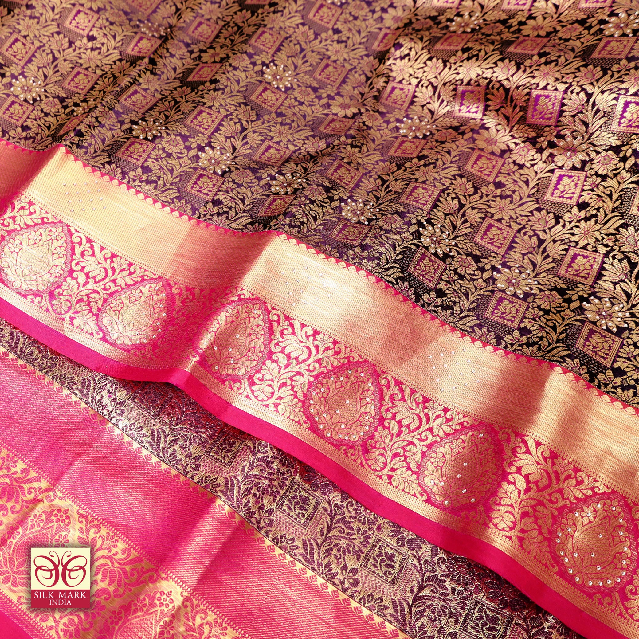 Deep Purple With Pink Gold Zeri Subalaya Wedding Silk Saree