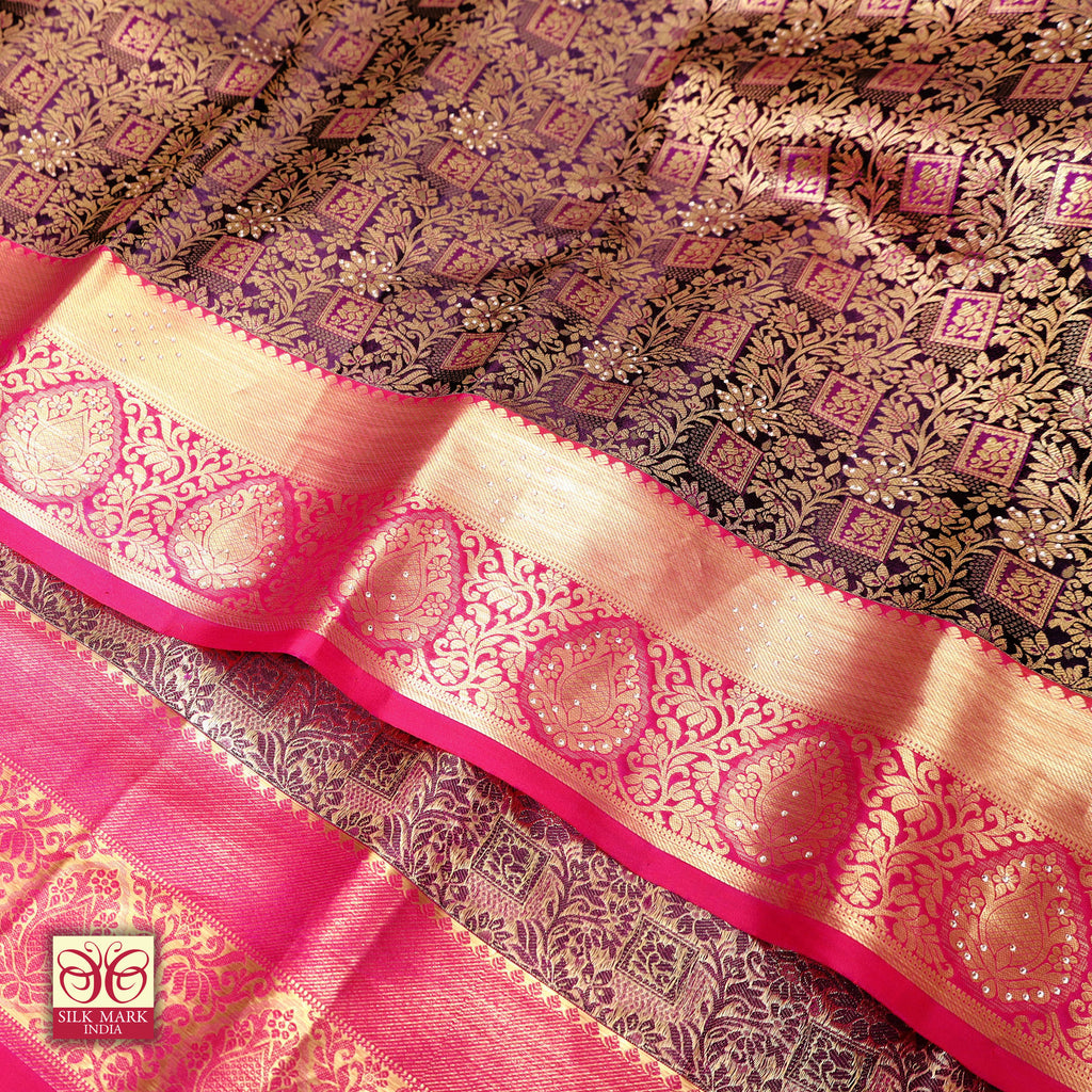 Deep Purple With Pink Gold Zeri Subalaya Wedding Silk Saree