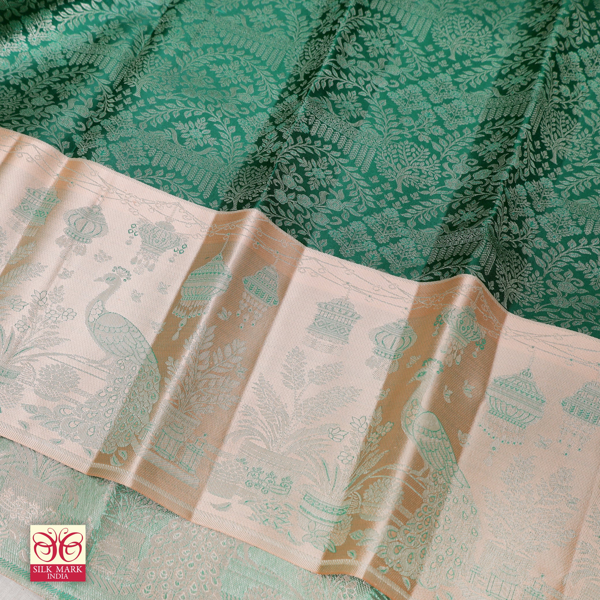 Bottle Green With Peach Gold Zari Long border Subhalaya Wedding Silk Saree