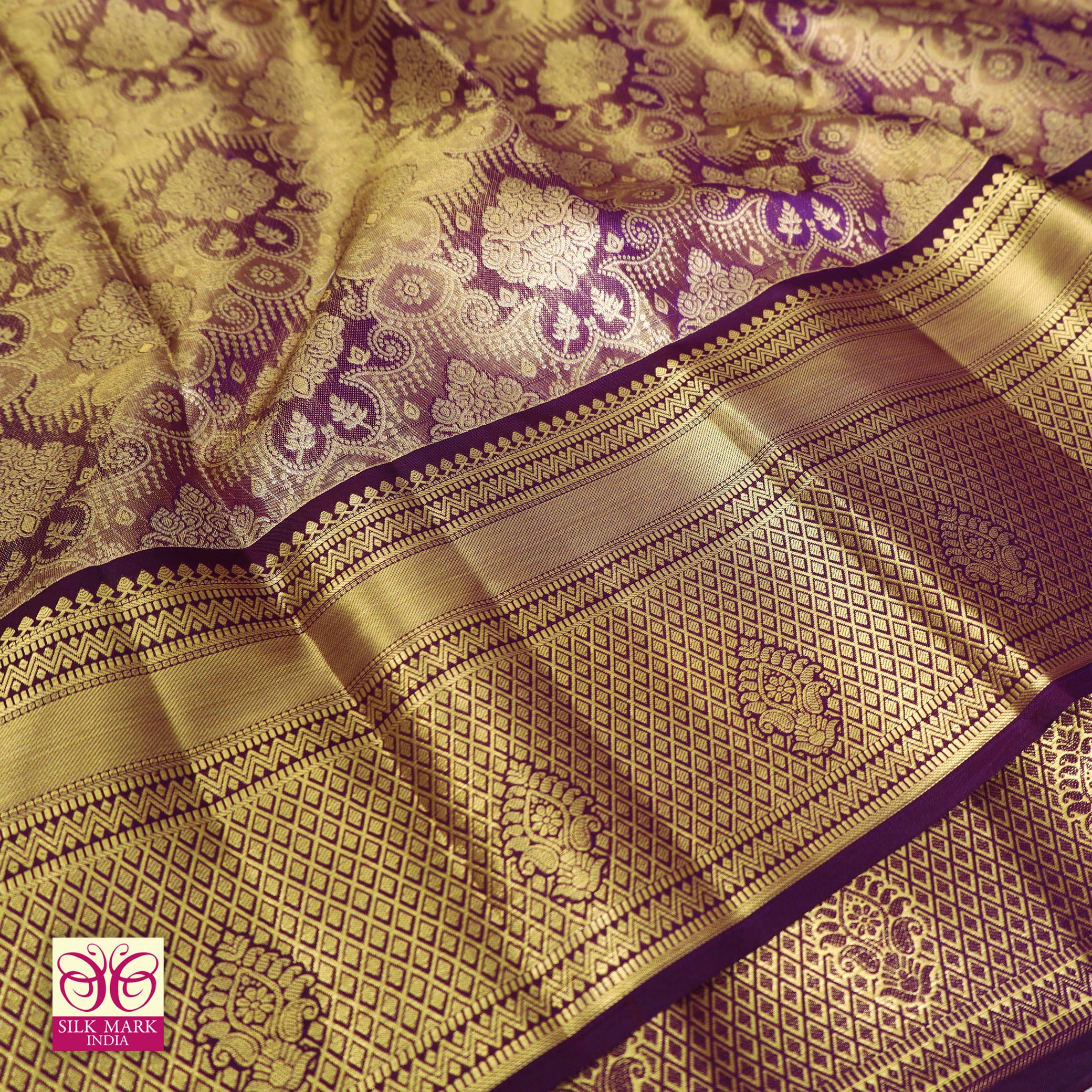 Dark Violet With Gold Zeri border Tissue KanchipuramWedding Silk Saree