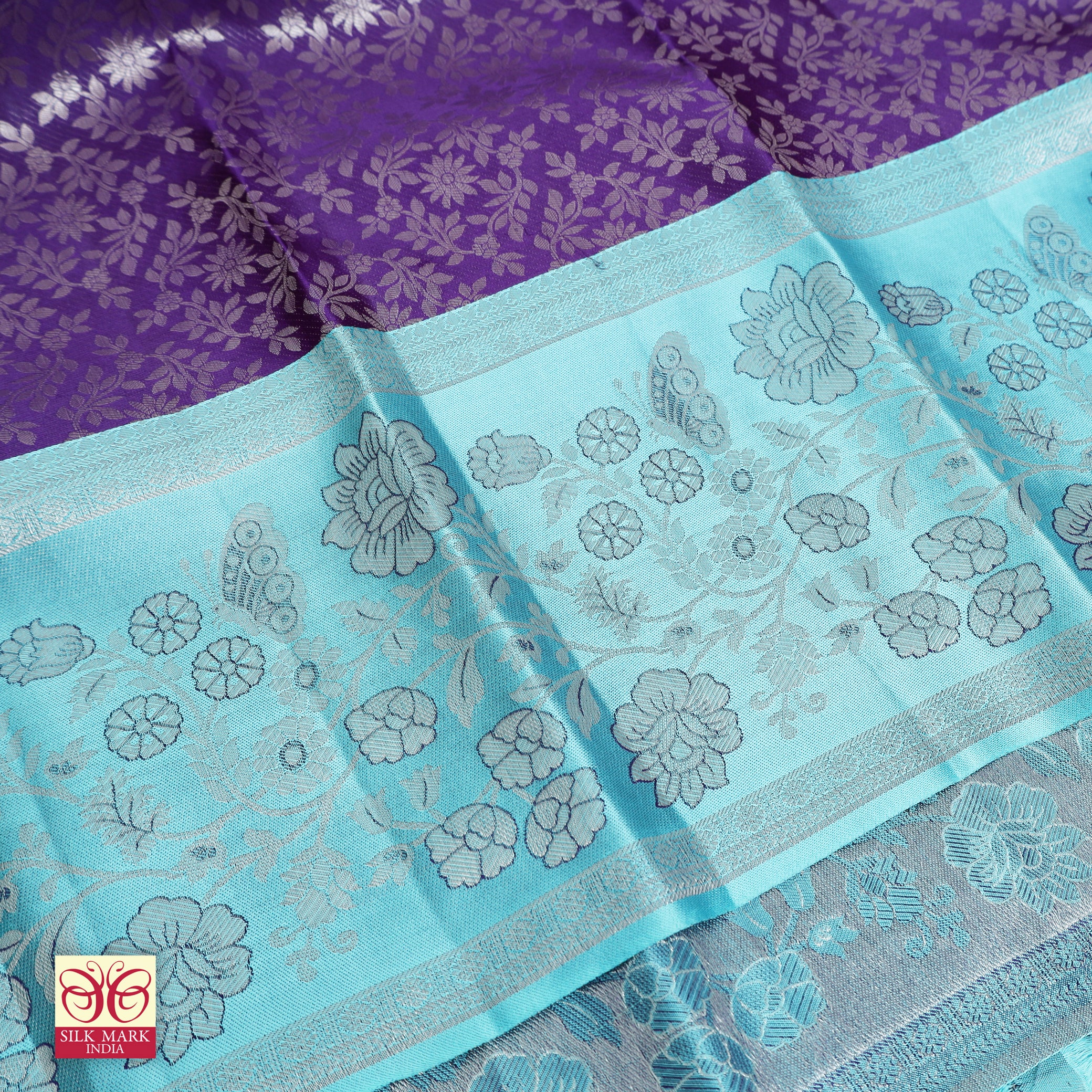 Purple With Light Blue Silver Zari border Tissue Kanchipuram Wedding Silk Saree
