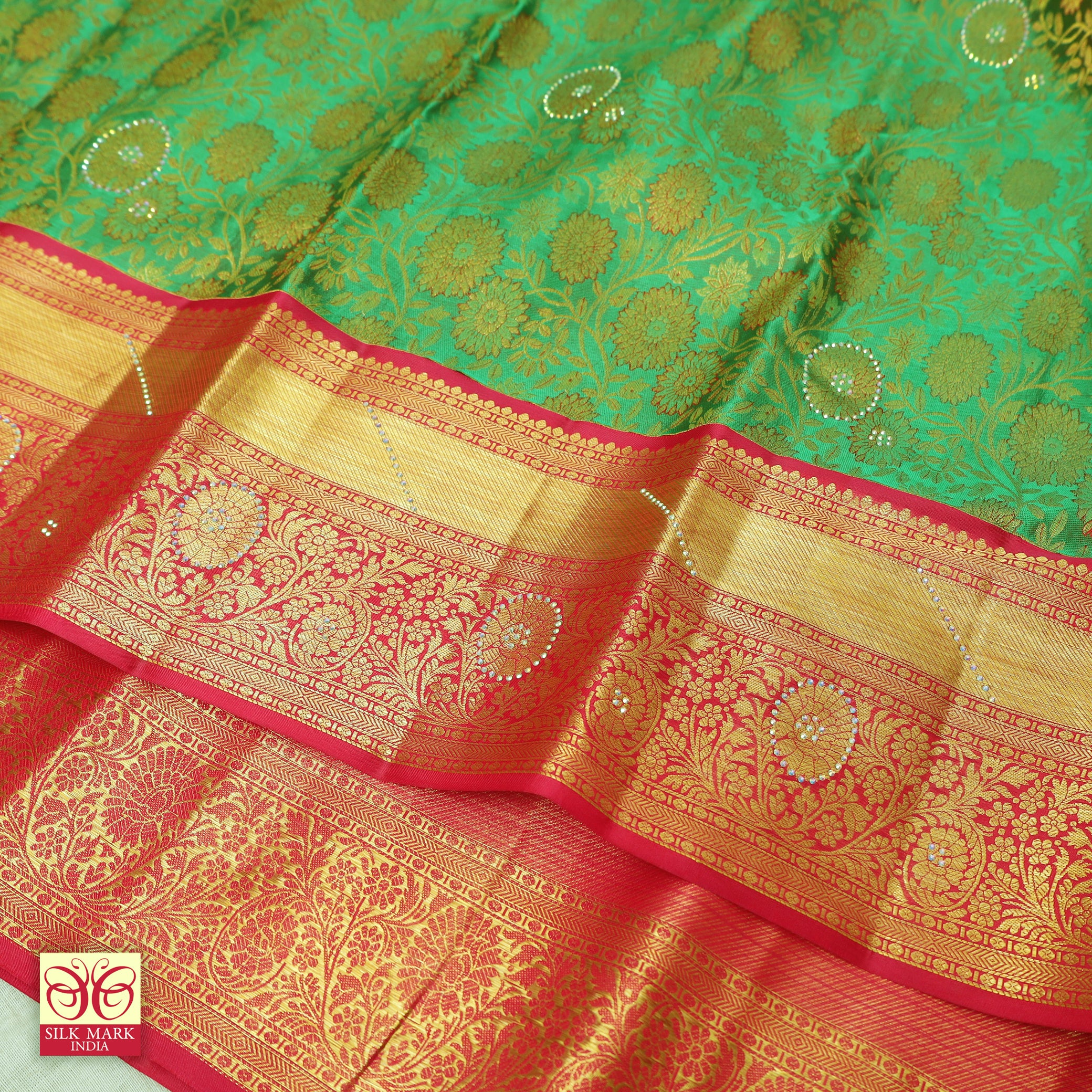 Parrot Green With Rani Pink Gold Zari border Subalaya Wedding Silk Saree