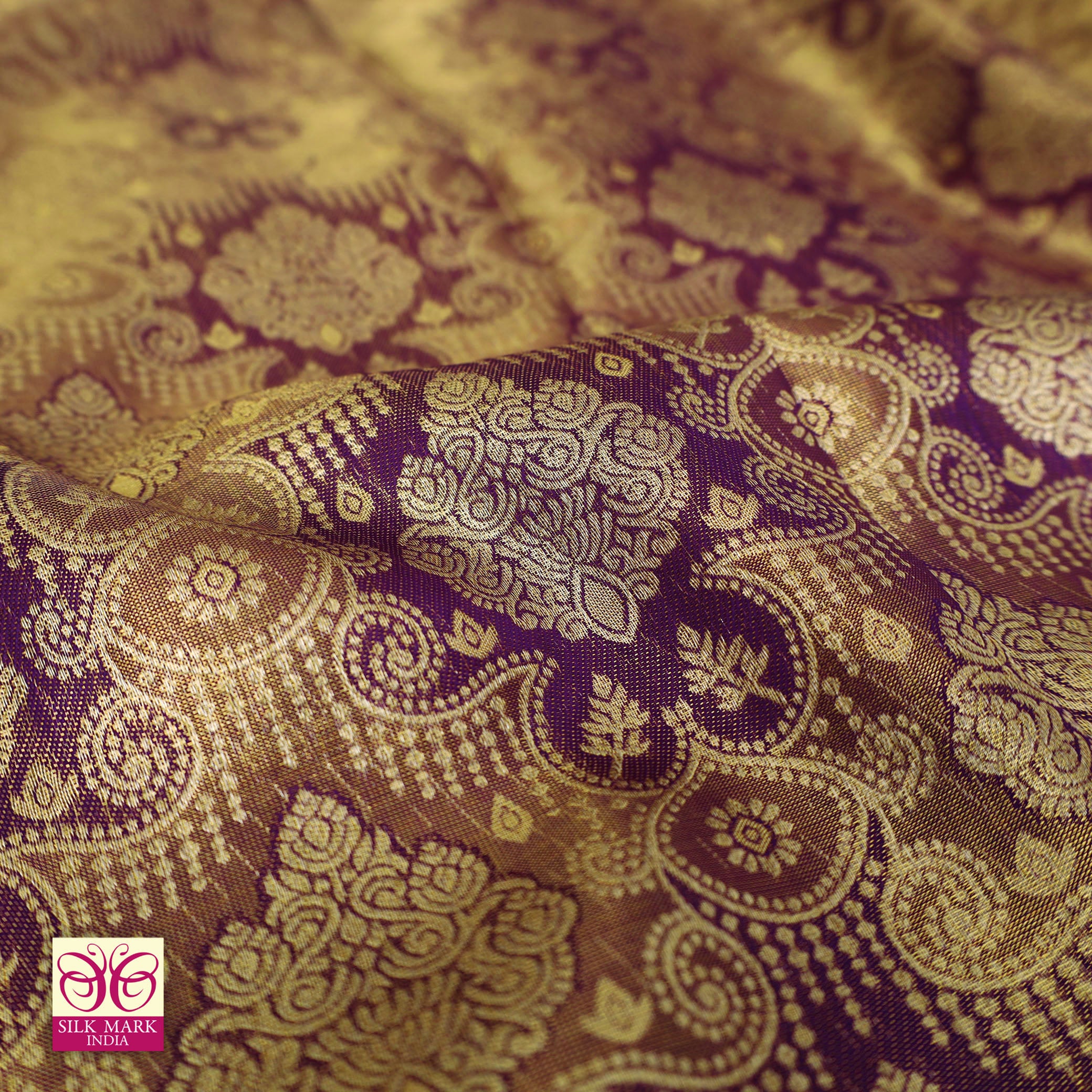 Dark Violet With Gold Zeri border Tissue KanchipuramWedding Silk Saree