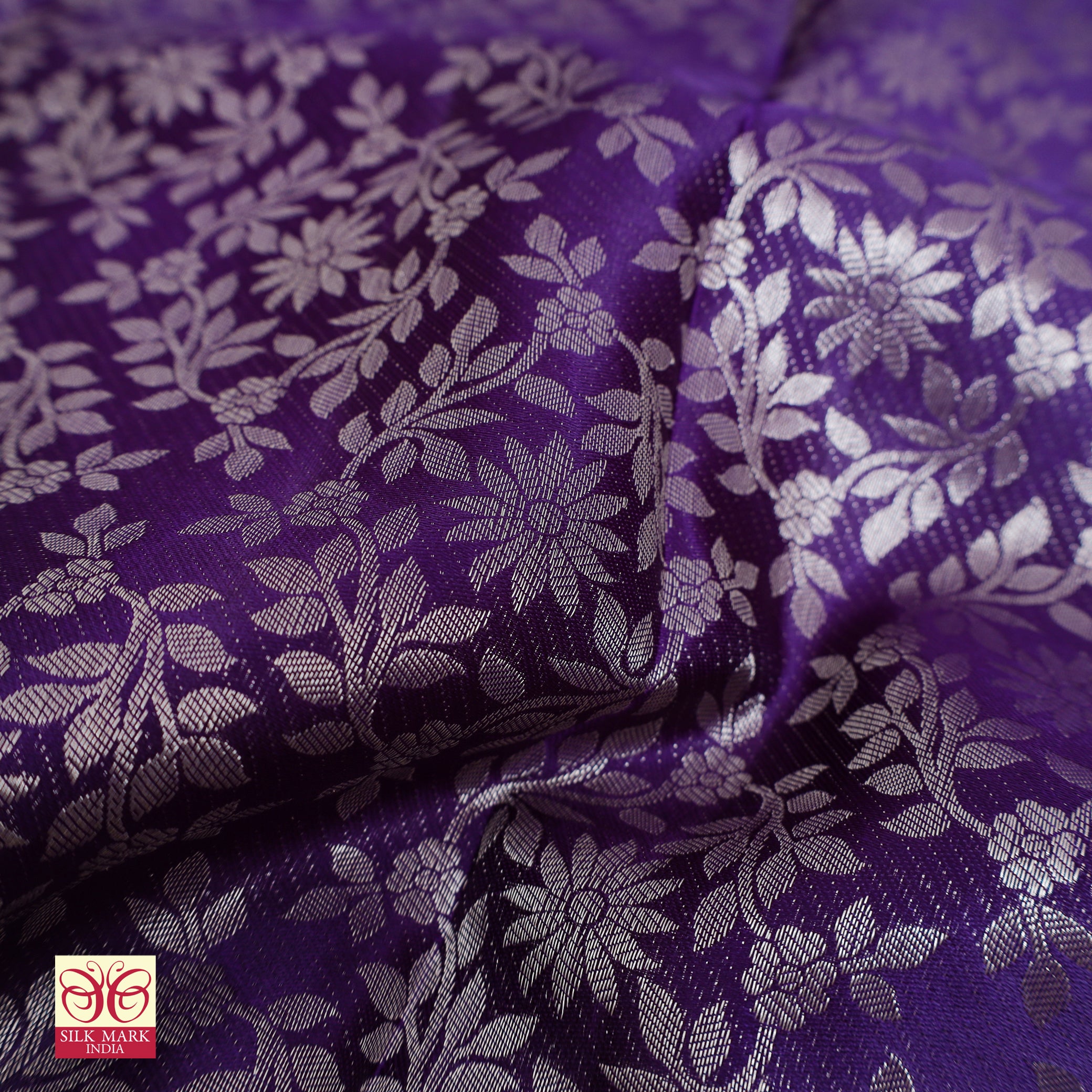 Purple With Light Blue Silver Zari border Tissue Kanchipuram Wedding Silk Saree