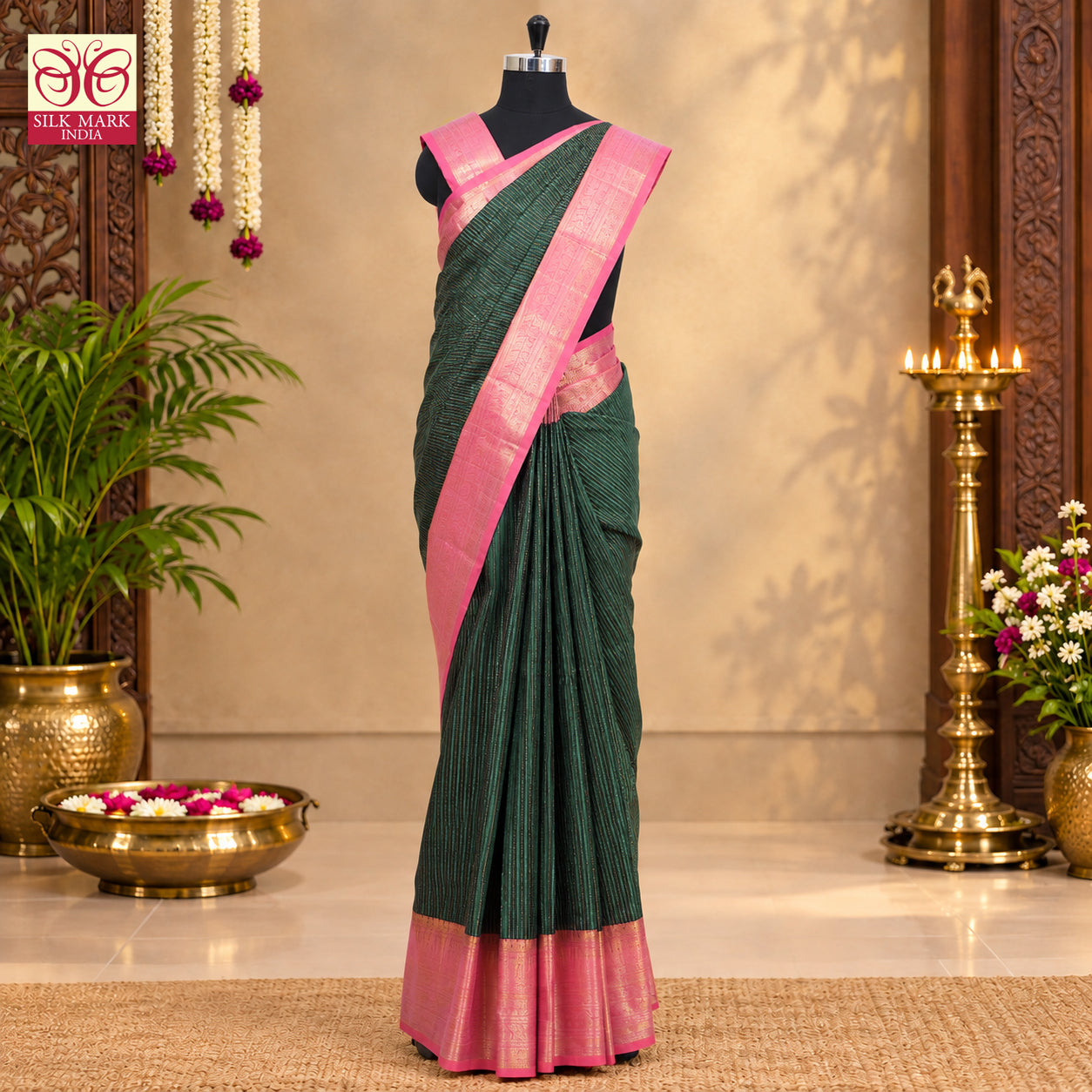 Bottle Green With Rani Pink Kanchipuram Pure Soft Silk Saree
