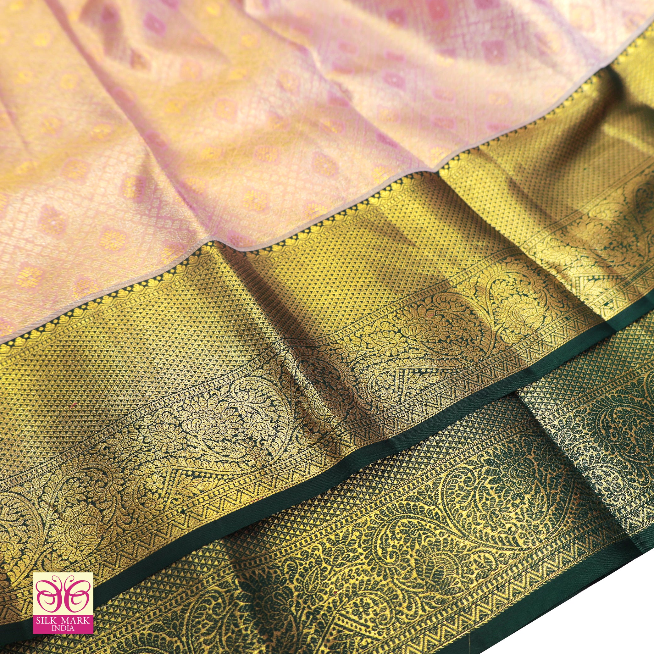 Light Pink With Bottle Green Gold Zari Tissue Wedding Silk Saree