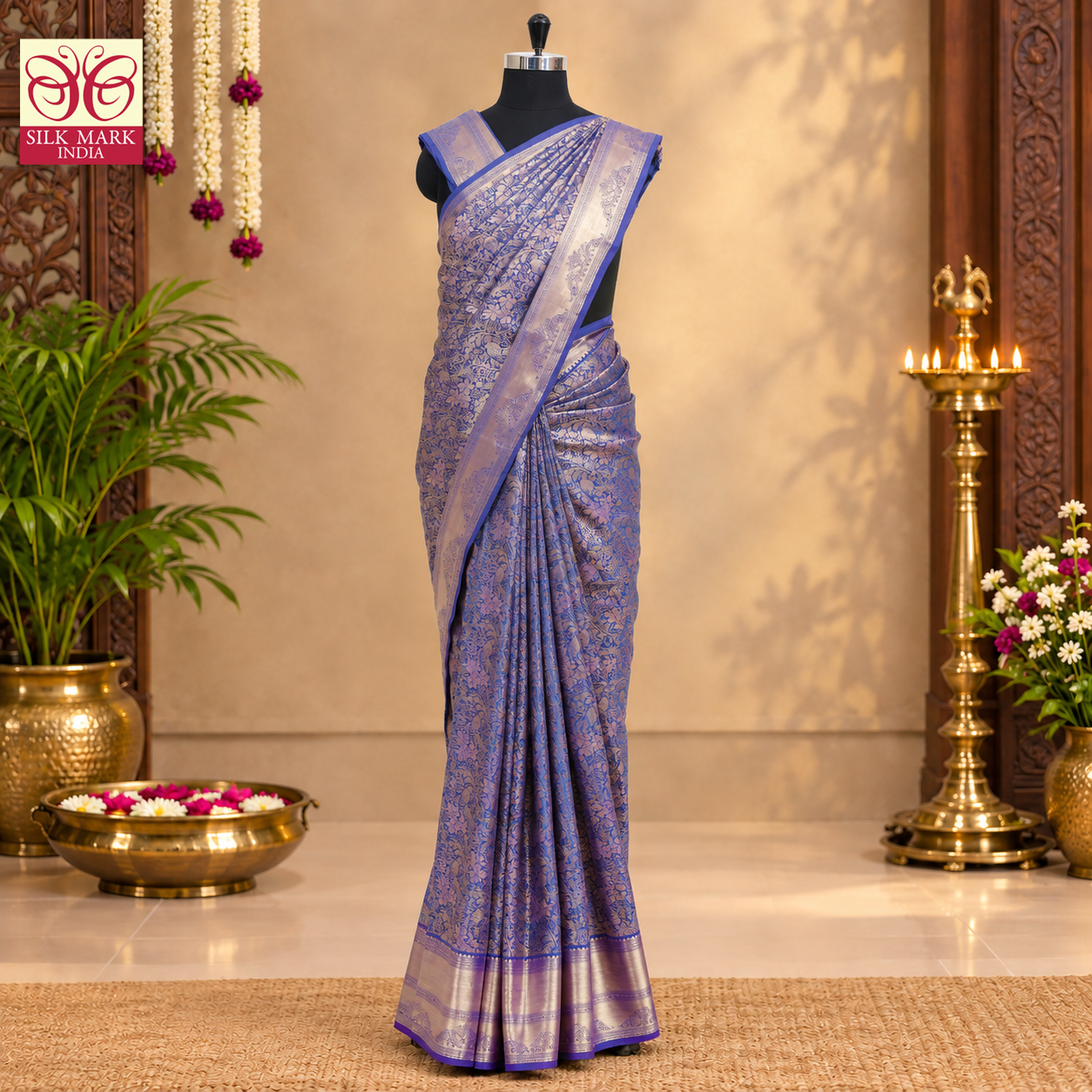 Ink Blue with Gold Zari Border Subalaya Wedding Silk Saree