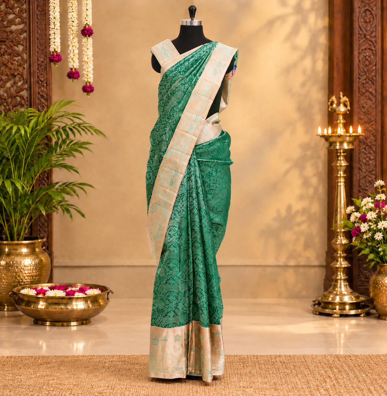 Bottle Green With Peach Gold Zari Long border Subhalaya Wedding Silk Saree