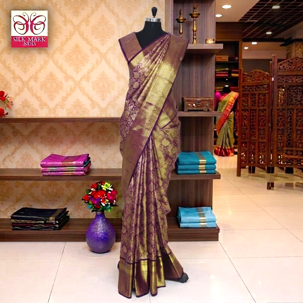 Dark Violet With Gold Zeri border Tissue KanchipuramWedding Silk Saree