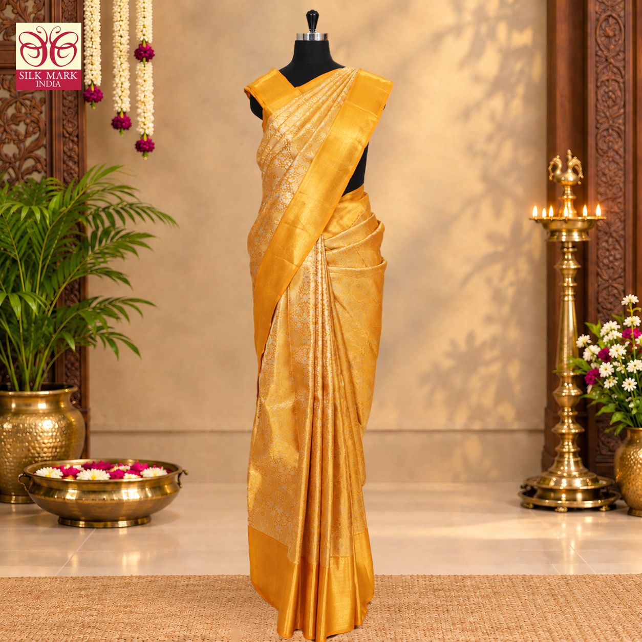 Mango Yellow With Gold Zari border  Kachipuram Tissue Wedding Silk Saree