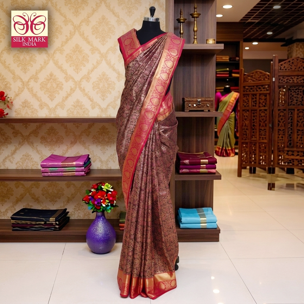 Deep Purple With Pink Gold Zeri Subalaya Wedding Silk Saree