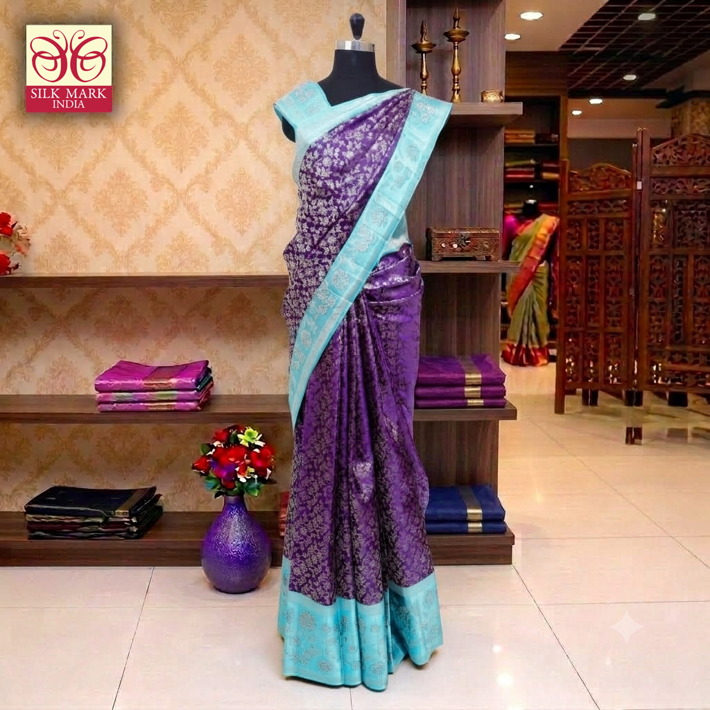 Purple With Light Blue Silver Zari border Tissue Kanchipuram Wedding Silk Saree