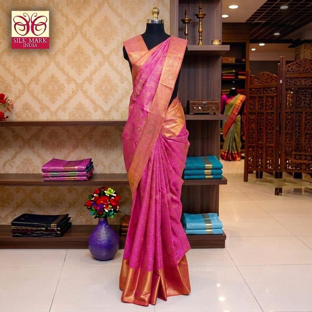 RaniPink With Peach Gold Zeri Subalaya Wedding Silk Saree