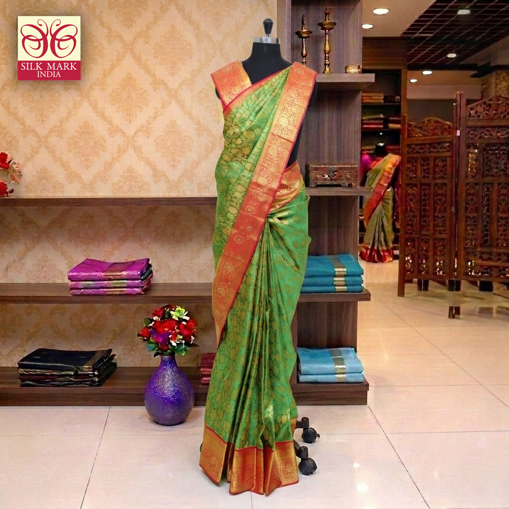 Parrot Green With Rani Pink Gold Zari border Subalaya Wedding Silk Saree