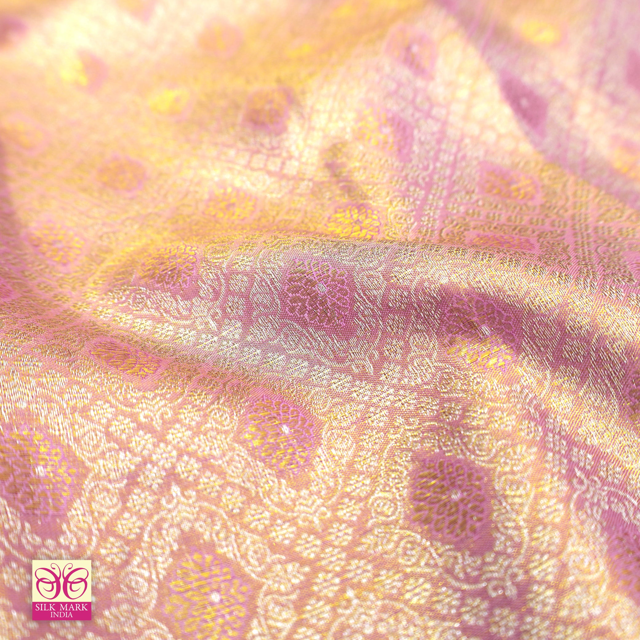 Light Pink With Bottle Green Gold Zari Tissue Wedding Silk Saree