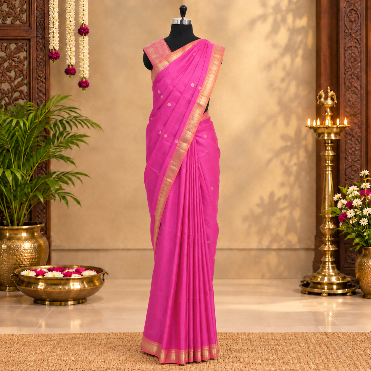 Magenta Pink With Orange Premium Pure Soft Silk Saree