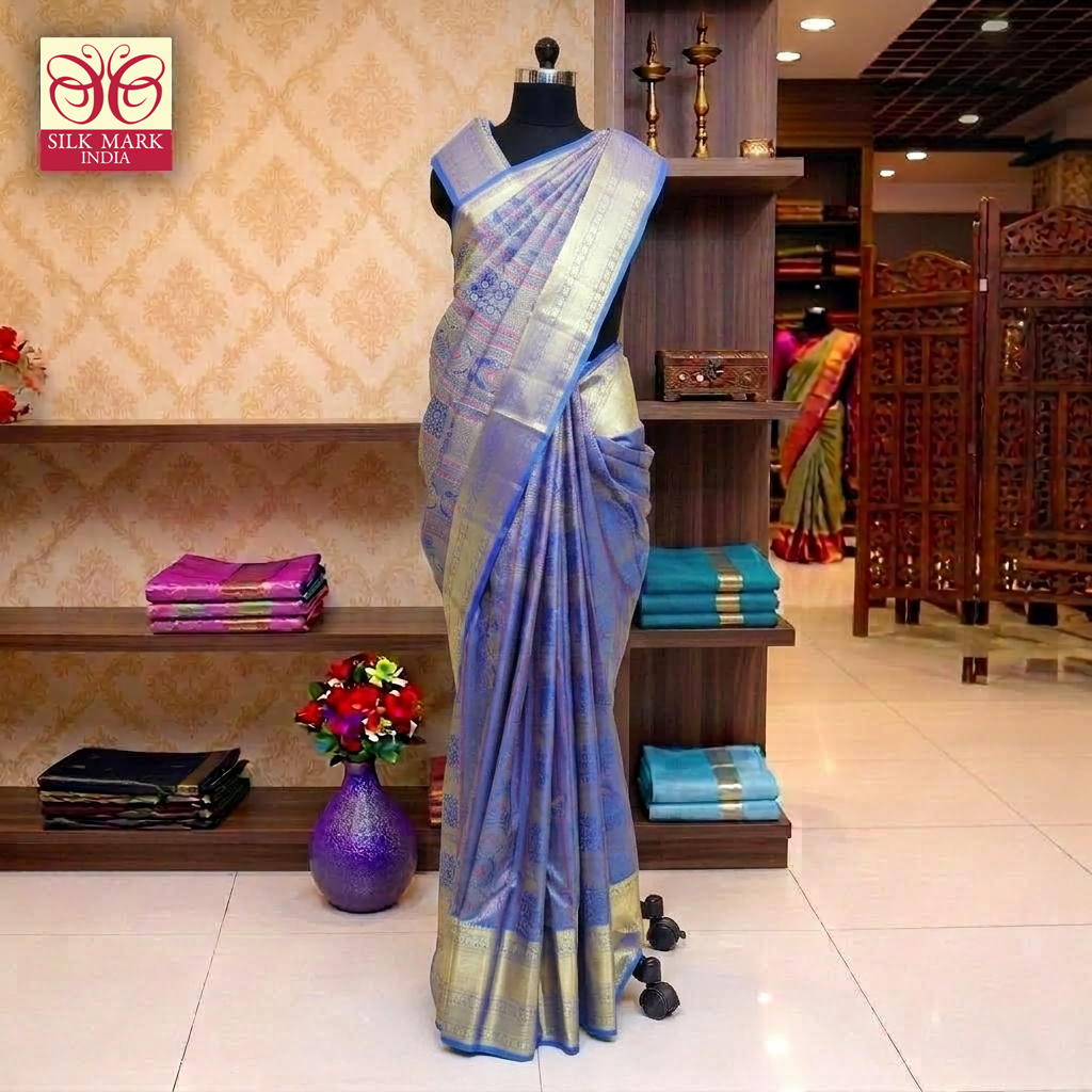 Ink Blue With Gold Zari border Subalaya Wedding Silk Saree
