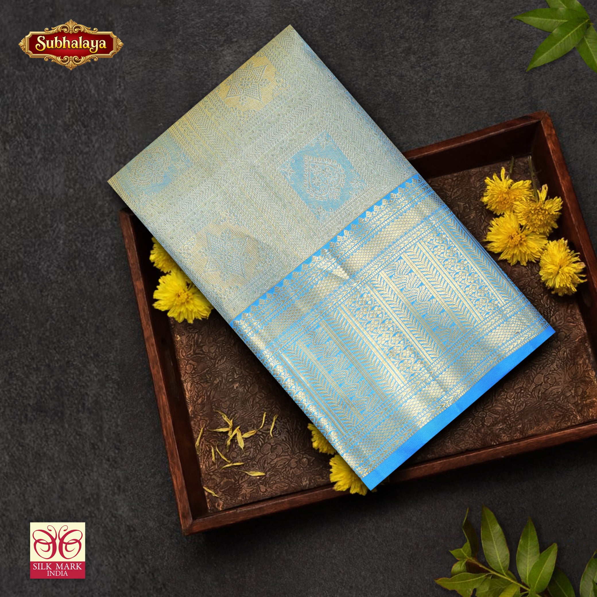 Light Blue With Gold Zari border Kachipuram Tissue  Wedding Silk Saree