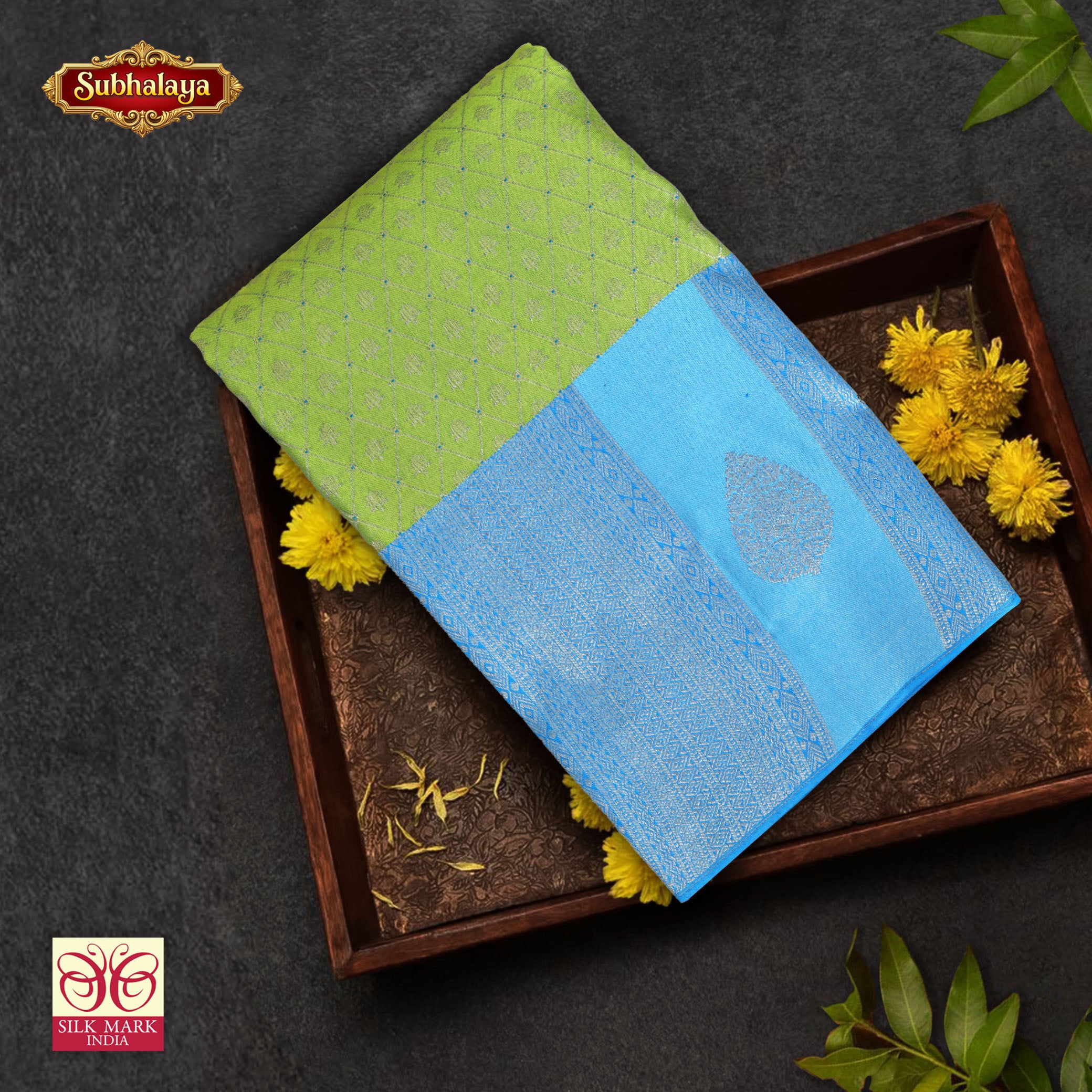 Parrot Green With Sky Blue Silver Zeri border Subalaya Wedding Silk Saree