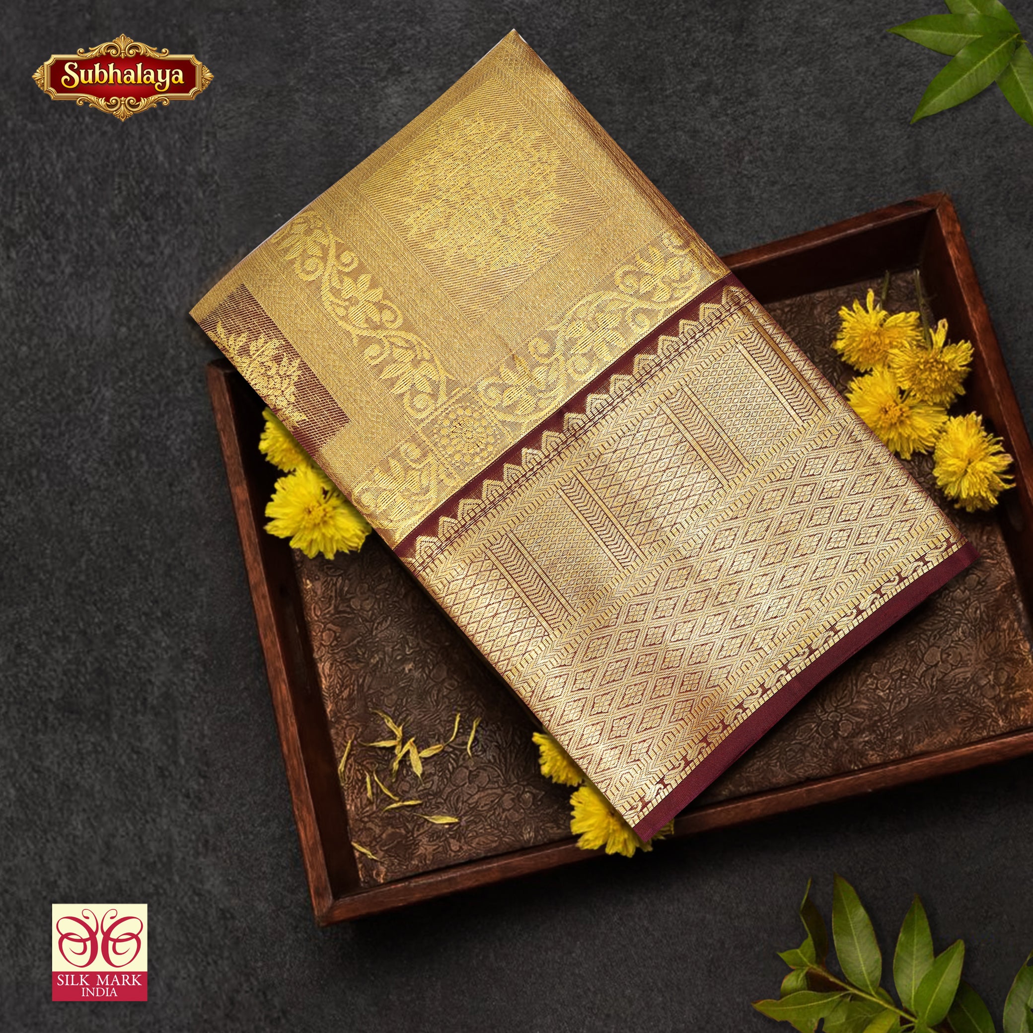 Golden Maroon With Gold Zari Tissue Wedding Silk Saree