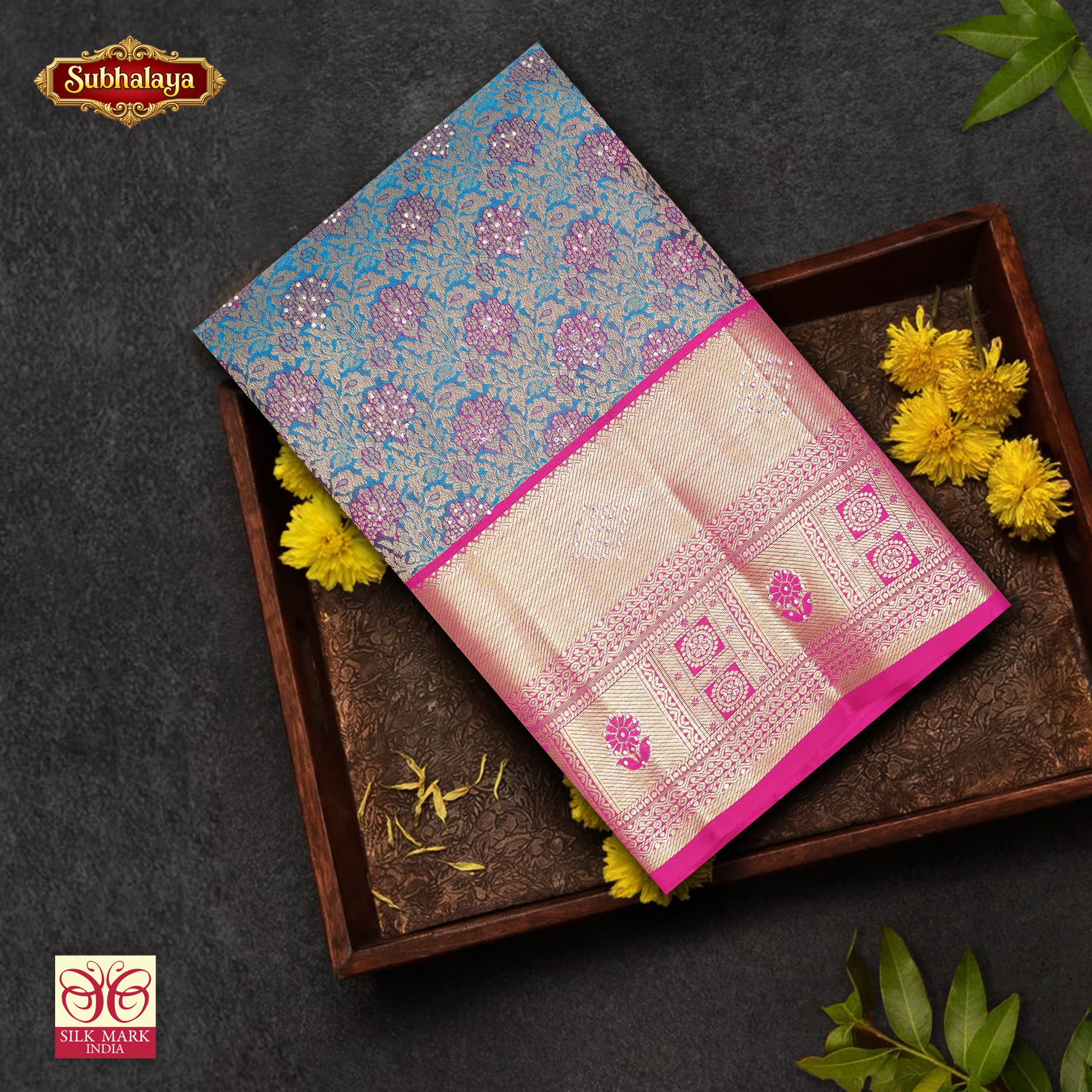 Sky Blue With Rani Pink Gold Zari Border Subalaya Wedding Silk Saree