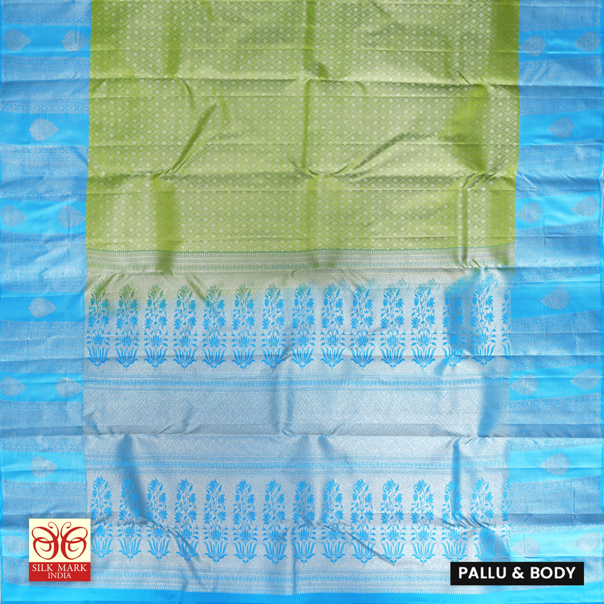 Parrot Green With Sky Blue Silver Zeri border Subalaya Wedding Silk Saree