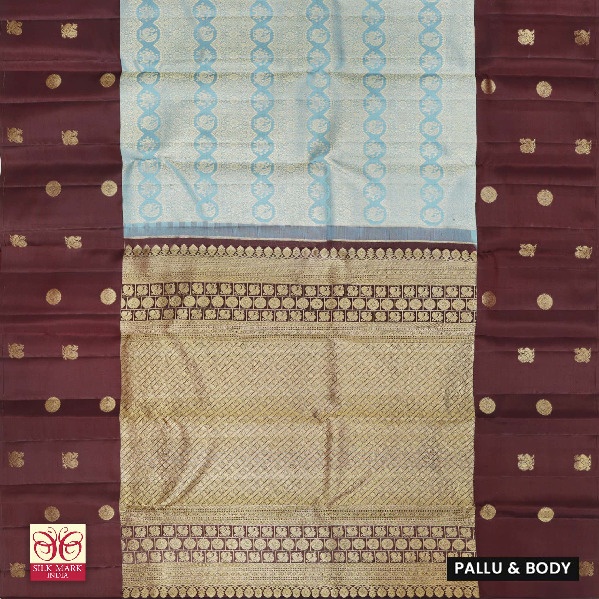 Sky Blue With Maroon Gold Zari Long border SubhalayaWedding Silk Saree