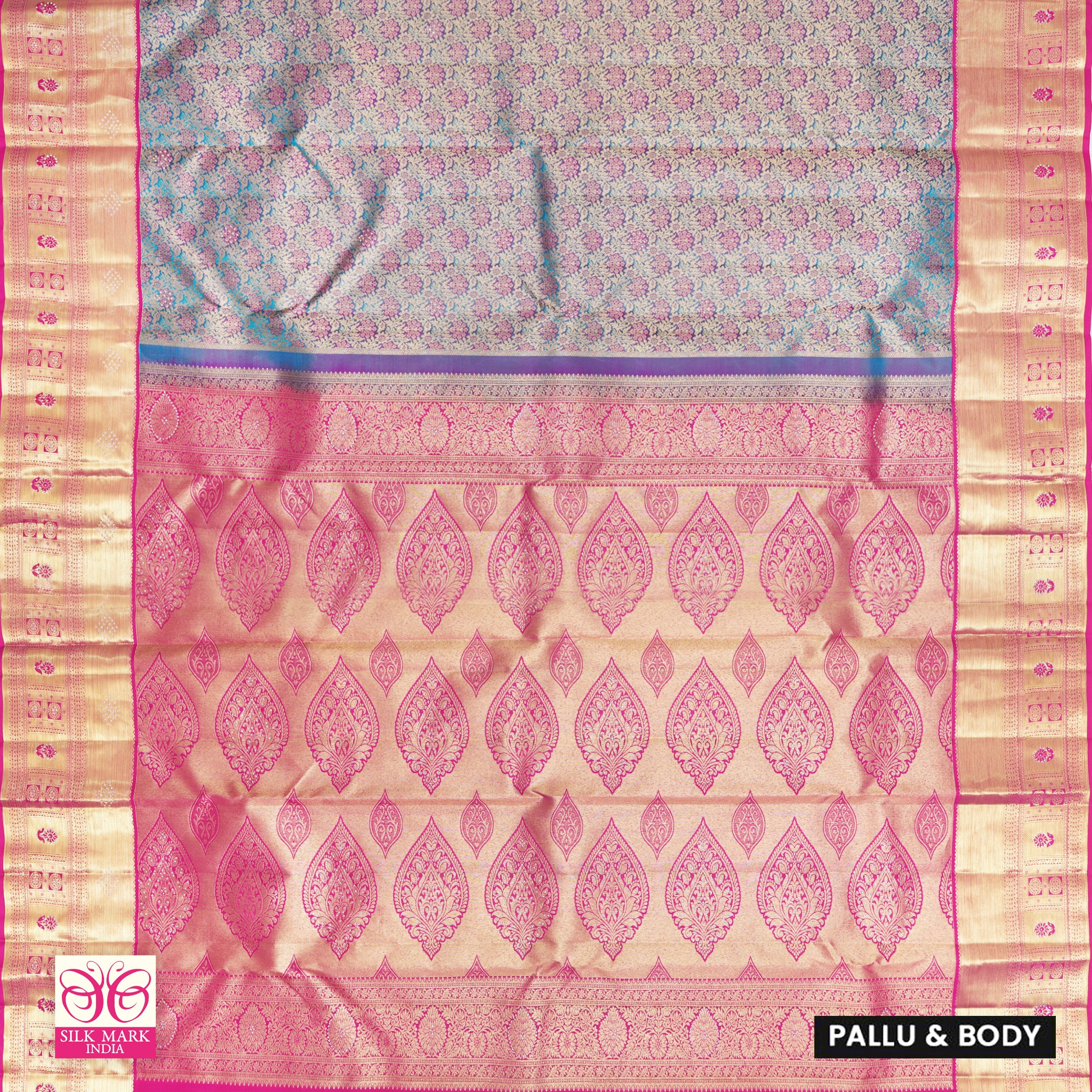 Sky Blue With Rani Pink Gold Zari Border Subalaya Wedding Silk Saree