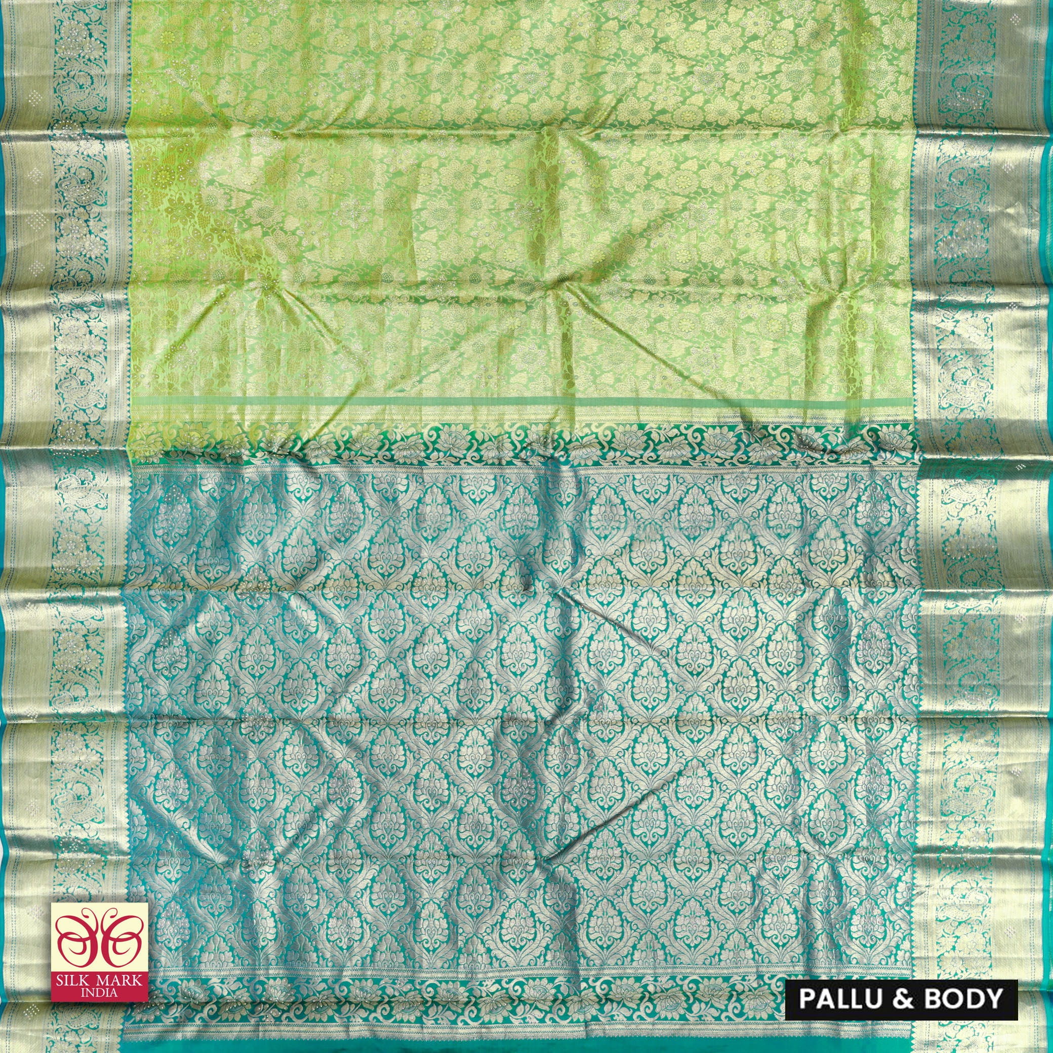 Lime Green With Blue Gold Zeri Subalaya Wedding Silk Saree