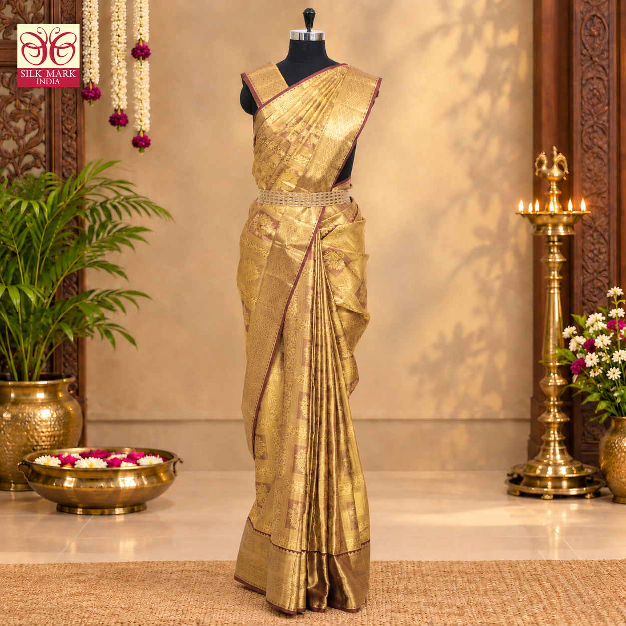 Golden Maroon With Gold Zari Tissue Wedding Silk Saree